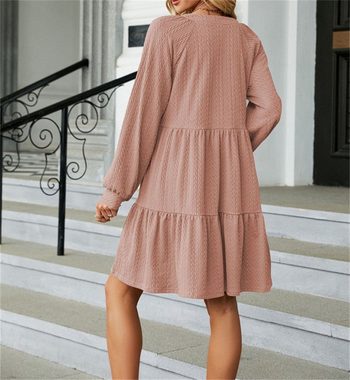 AFAZ New Trading UG Sommerrock Einfarbiges, plissiertes Patchwork-Kleid V-Ausschnitt langen Ärmeln