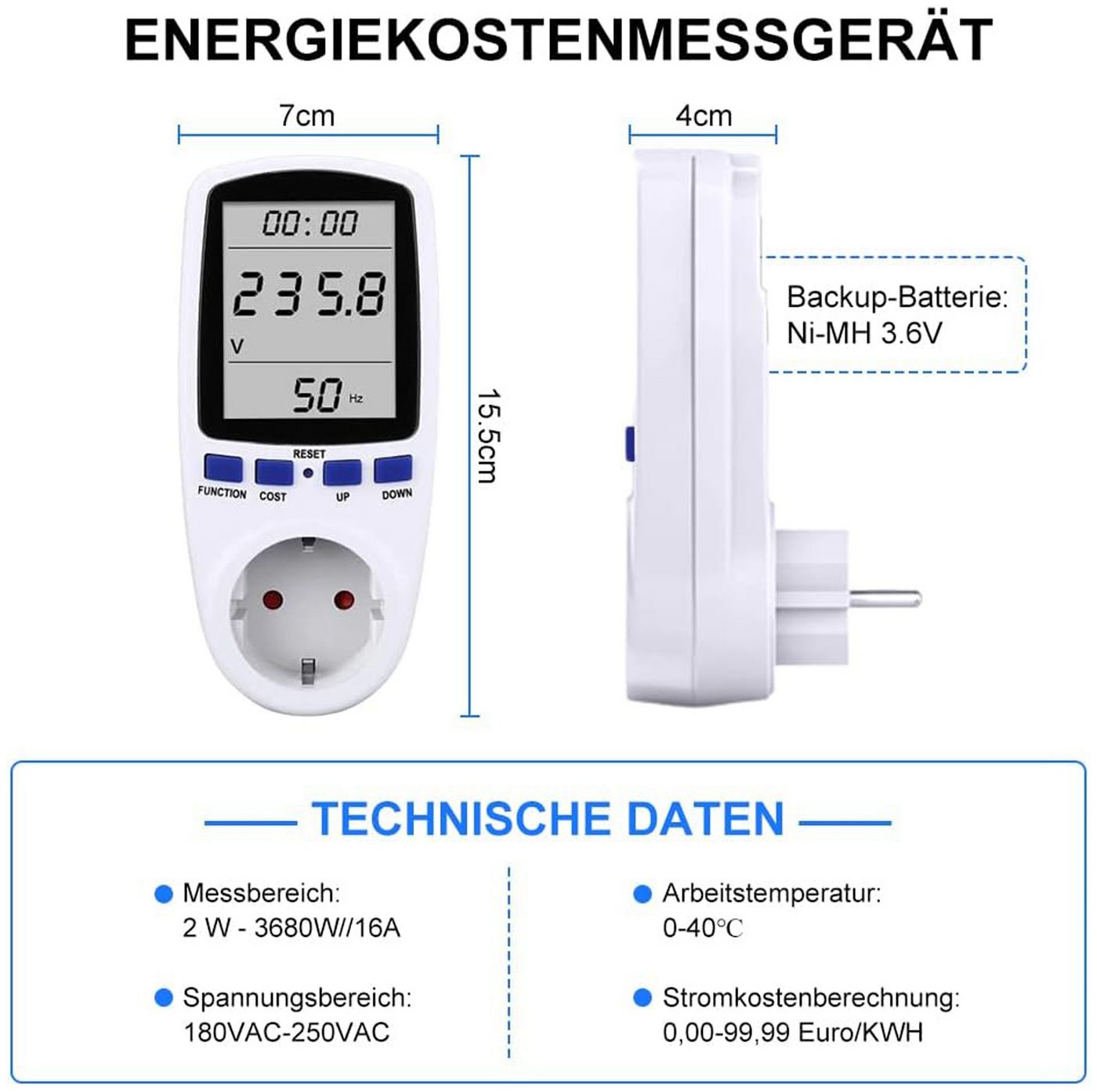 Thumbnail - BlingBin Energiekostenmessgerät Strommessgerät für Steckdosen Mit LCD Display Energiekostenmessgerät, 6 " Display, 1 Set...