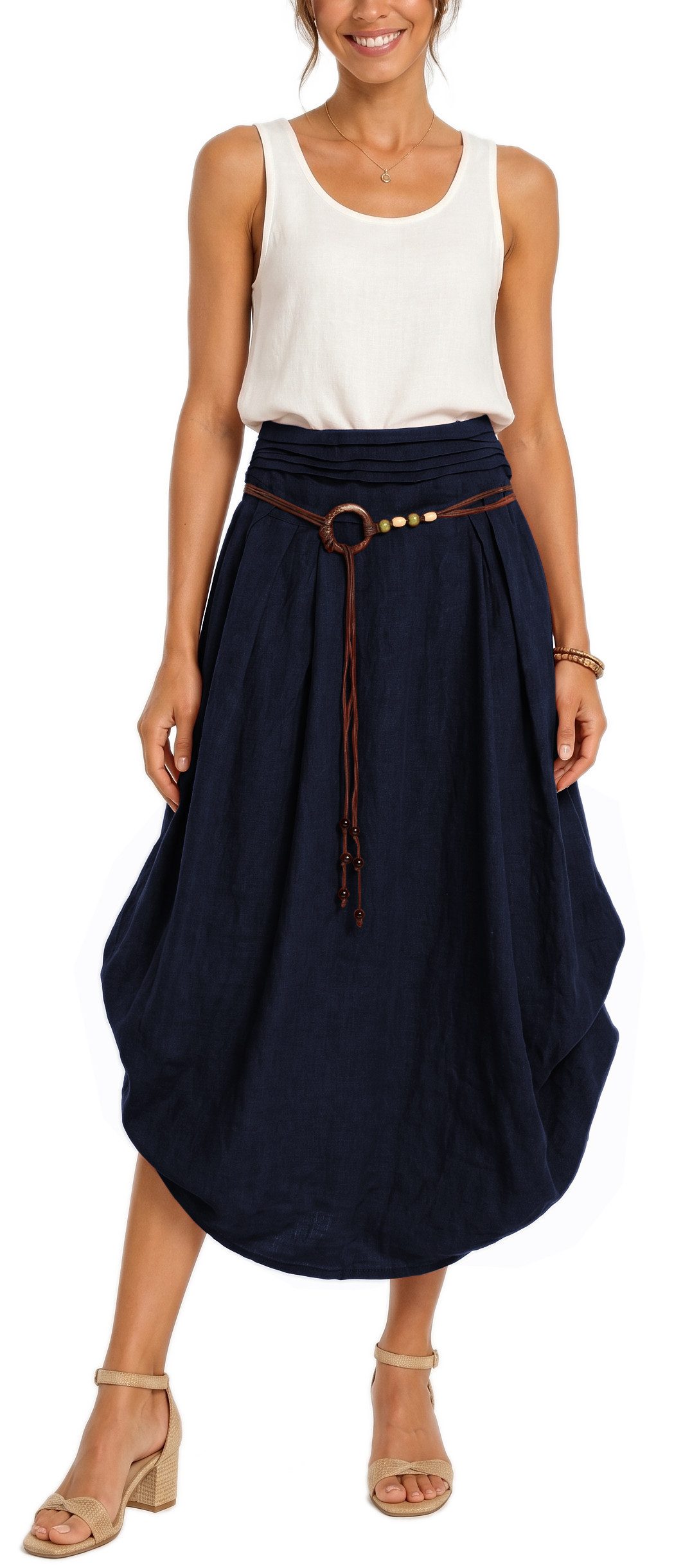 dy_mode Ballonrock Damen Leinenrock Midi Ballonrock Sommerrock Midirock in Unifarbe, mit Teil-Gummibund, Variabler 2-in-1 Look
