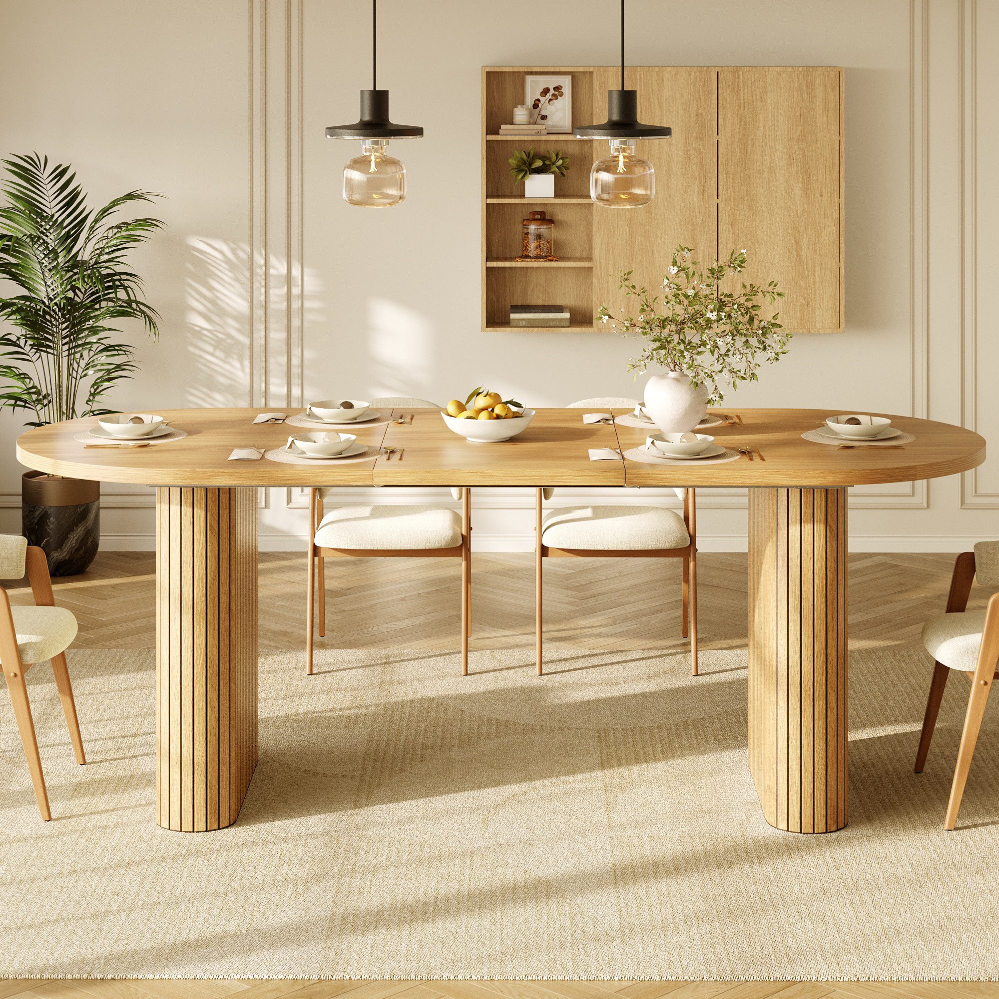 Flieks Esstisch (verstellbare Länge 120-160/T80/H75,5 cm, 1-St., 1 Tisch), ausziehbarer Küchentisch ovaler Schreibtisch Holzoptik Hellnatur