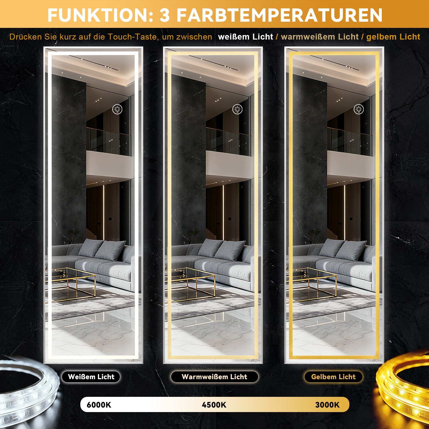 BBWL Ganzkörperspiegel mit LED-Beleuchtung, 160 x 50 cm, 3 Farbtemperaturen, dimmbar, Touch-Sensor, Metallrahmen – Bild 4 von 5
