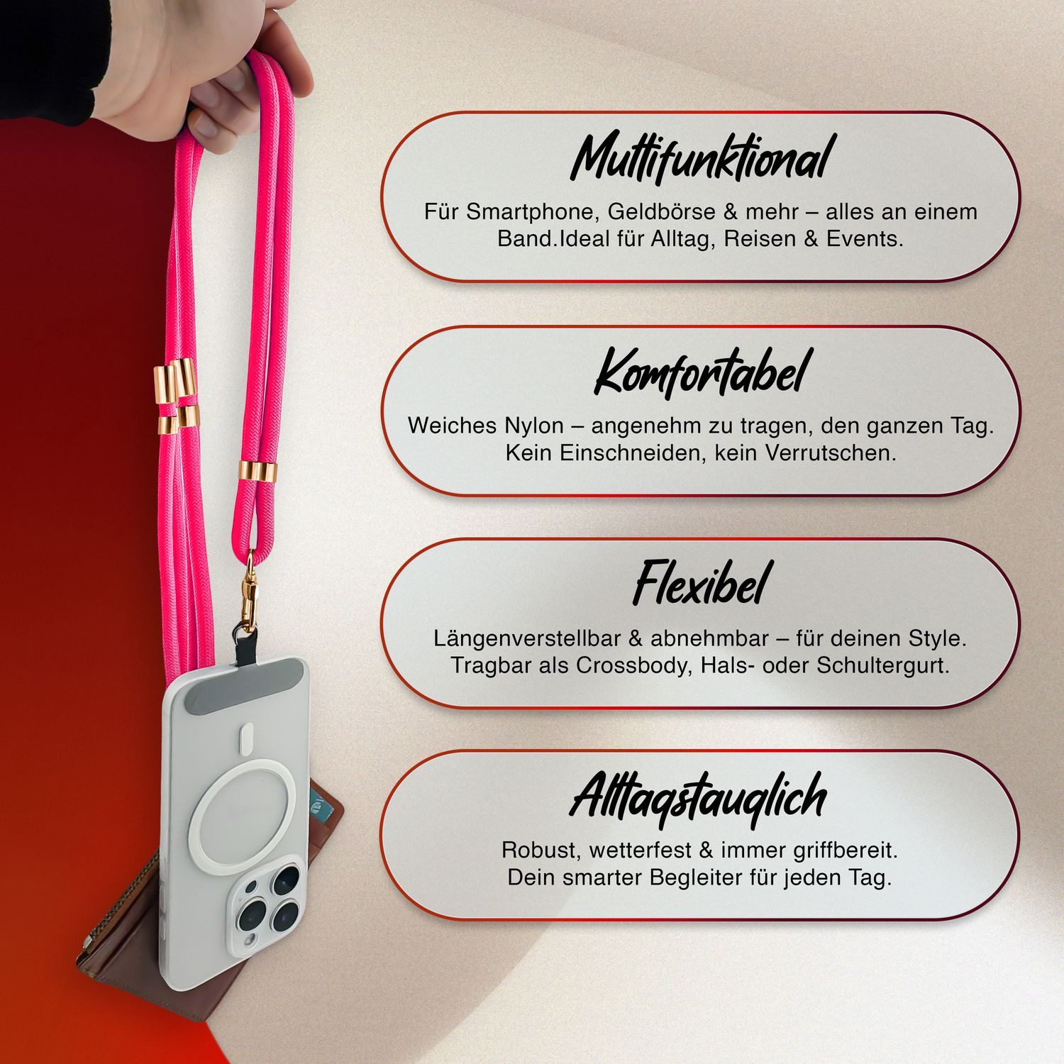 Nalia Handykette Universal Smartphone, Nylon Handyband / Karabiner Gold & 2 Pads / 35-75cm Tragelänge