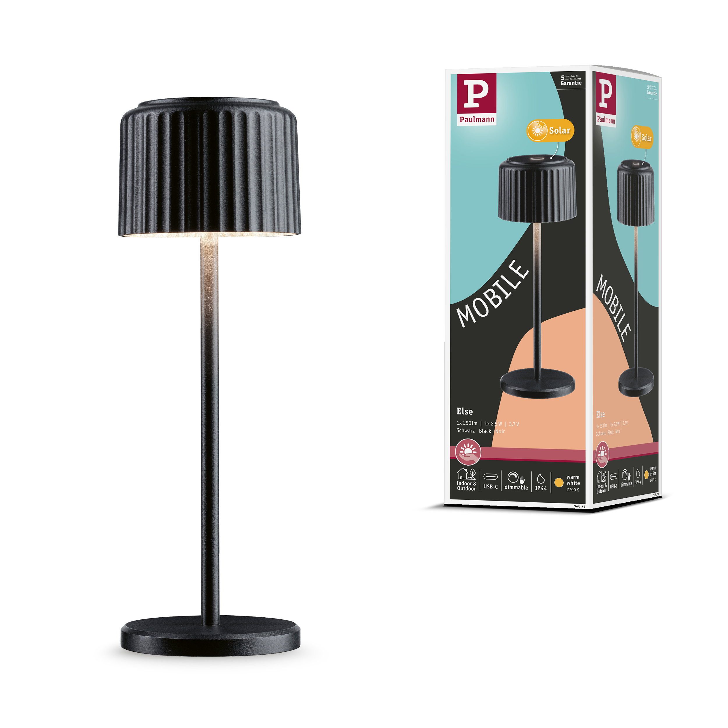 Paulmann LED Wandleuchte Solar Akkuleuchte Else IP44 dimmbar 2700K Schwarz