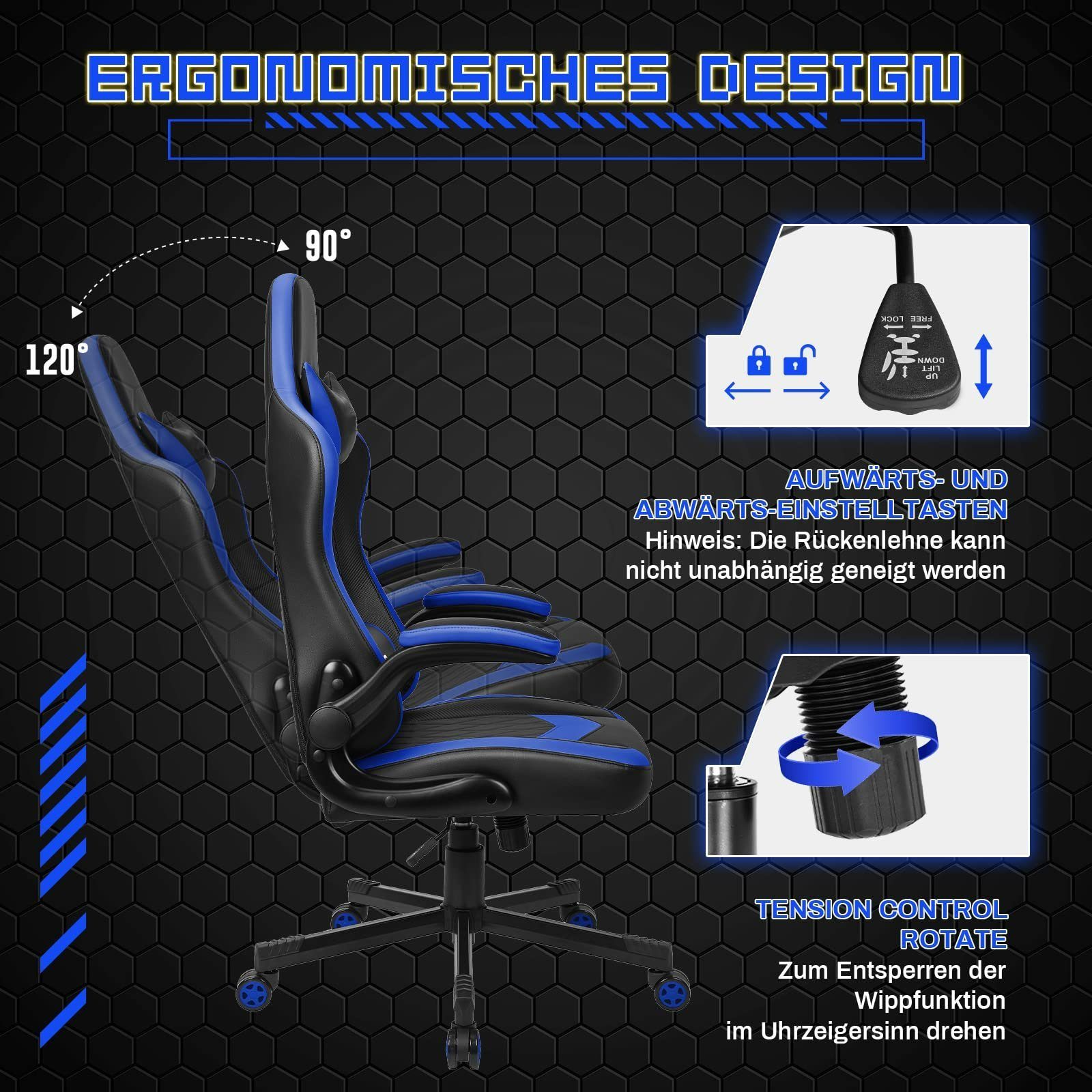 150kg Blau (Klappbare drehbar) Bürostuhl, Computer-Gaming-Stuhl, Kopfstütze, hohe Armlehnen, Lendenkissen Bürostuhl 360° Sitzfläche, breite Ergonomischer Rückenlehne, Fangqi