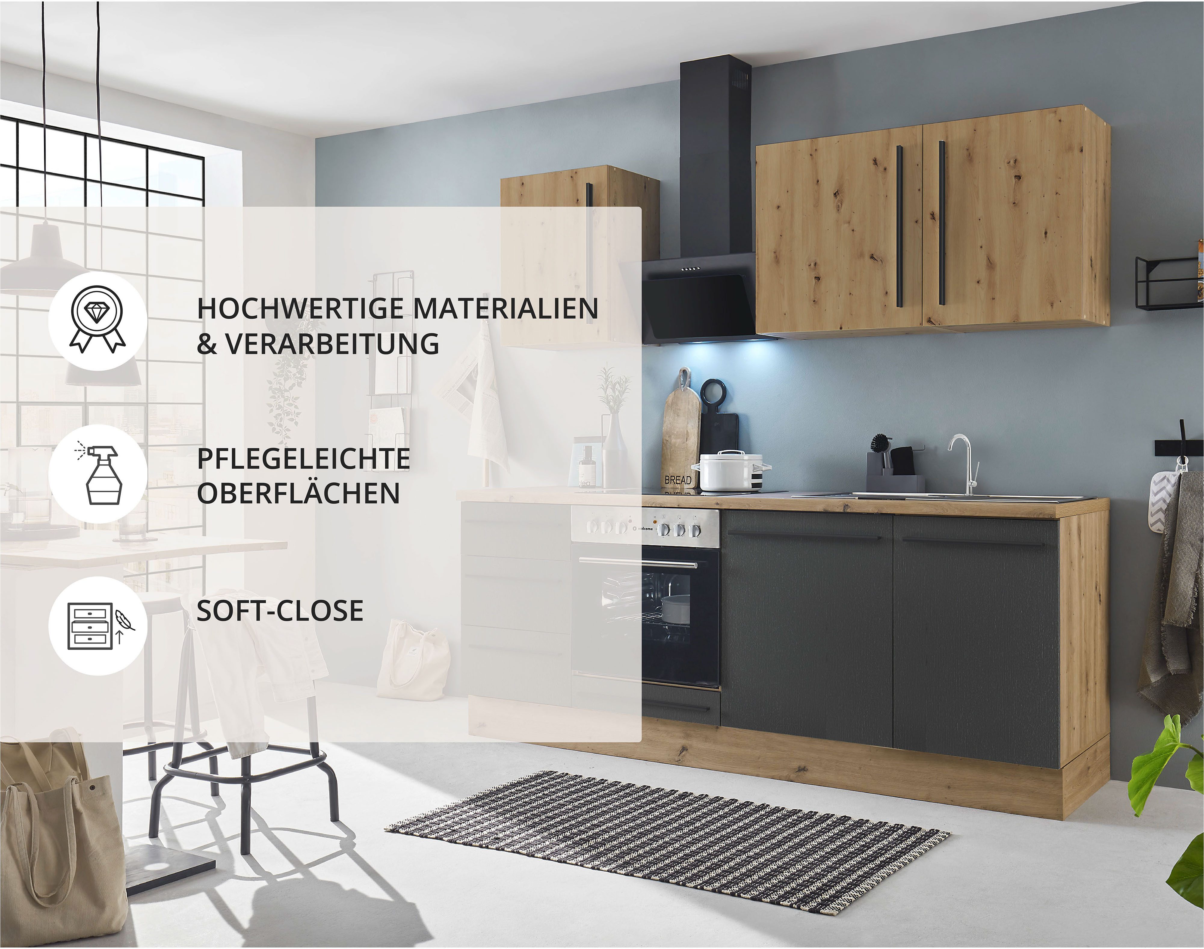 KOCHSTATION Küchenzeile KS-Florida mit 38mm starker Arbeitsplatte, Breite 220 cm, wahlweise mit E-Geräten, Soft-Close-Funktion