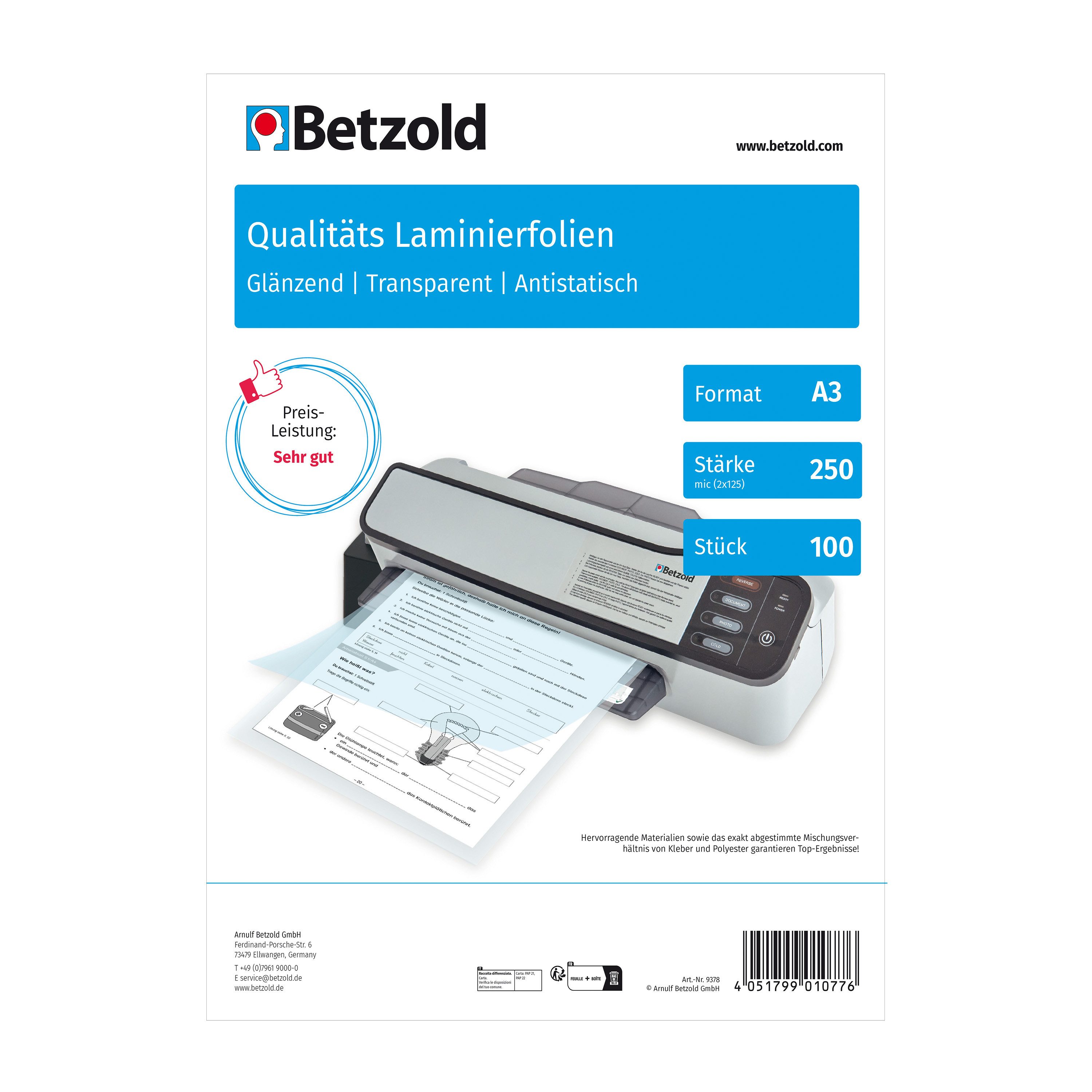 Betzold Schutzfolie Laminierfolien DIN A3, 100 Stück – Schutzfolien Dokumente