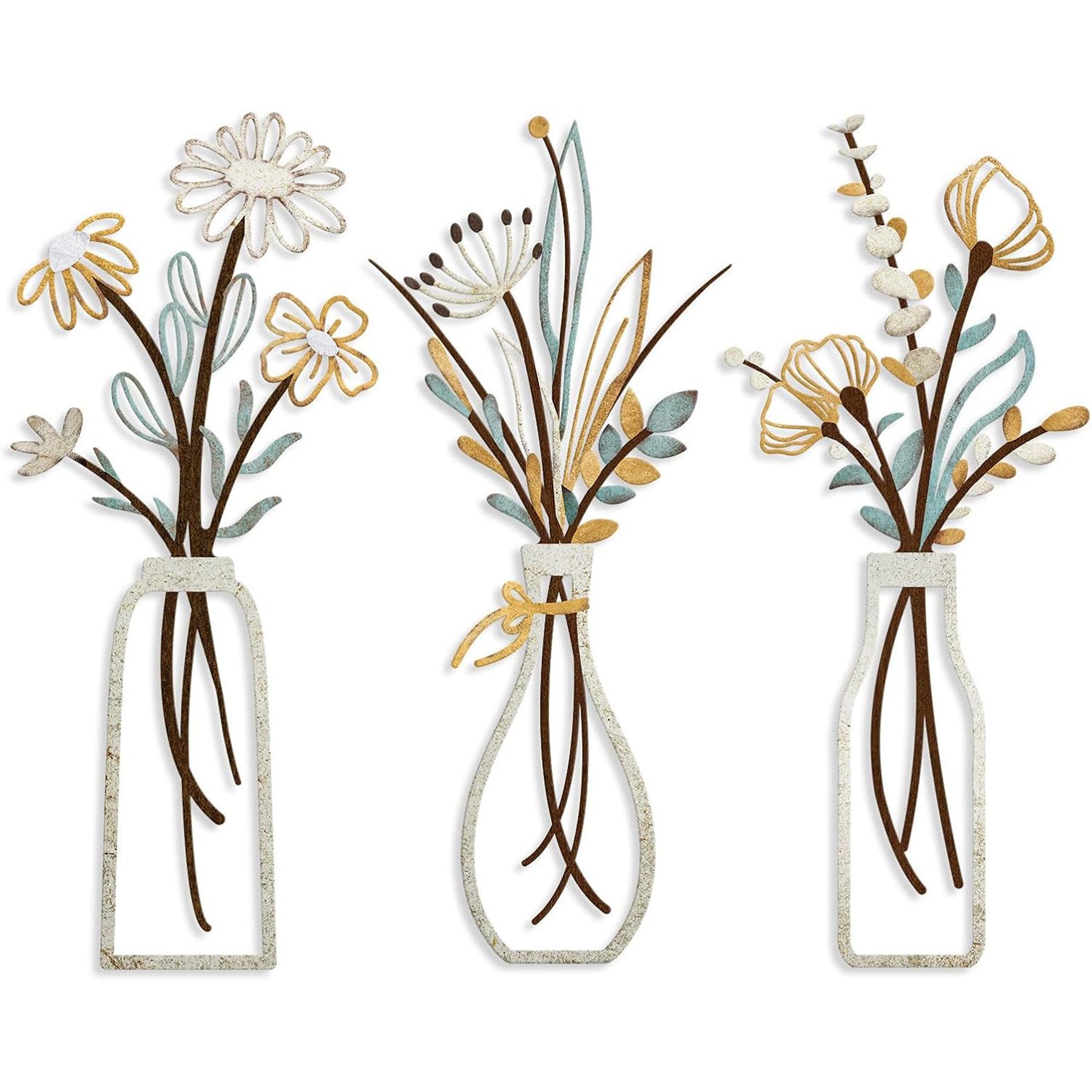 Mutig Wanddekoobjekt 3 Stück Metall Blumen Wanddekoration, Bunte Metall Blumen Wandskulptur (Minimalistische Vase Wandkunst, 35 x 15 cm), für Terrasse Wohnzimmer Badezimmer Schlafzimmer Esszimmer Dekorationen