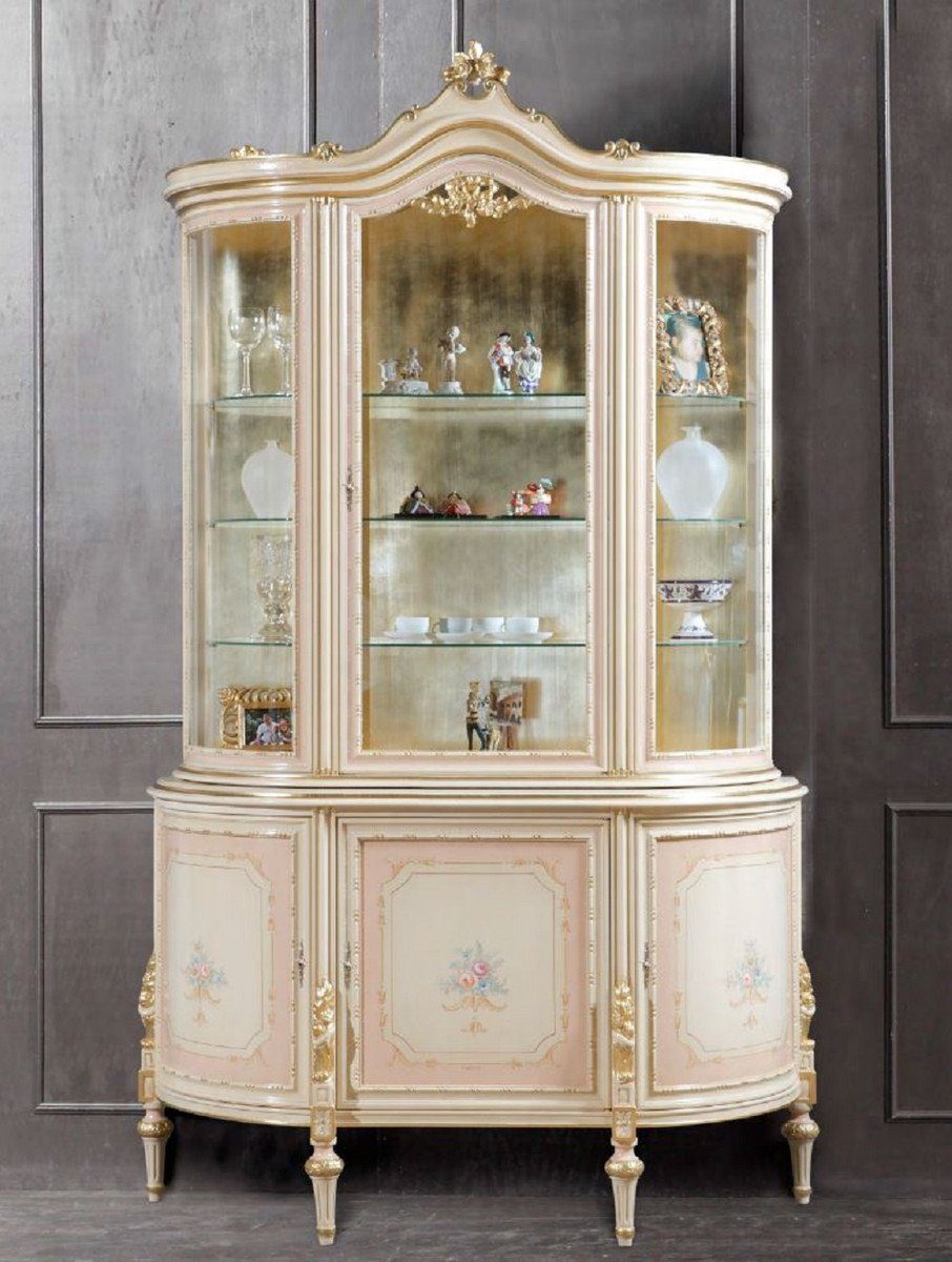 Casa Padrino Vitrine Luxus Barock Vitrine Cremefarben / Rosa / Mehrfarbig / Gold - Handgefertigter Vitrinenschrank mit 4 Türen - Prunkvolle Barock Möbel - Luxus Qualität - Made in Italy