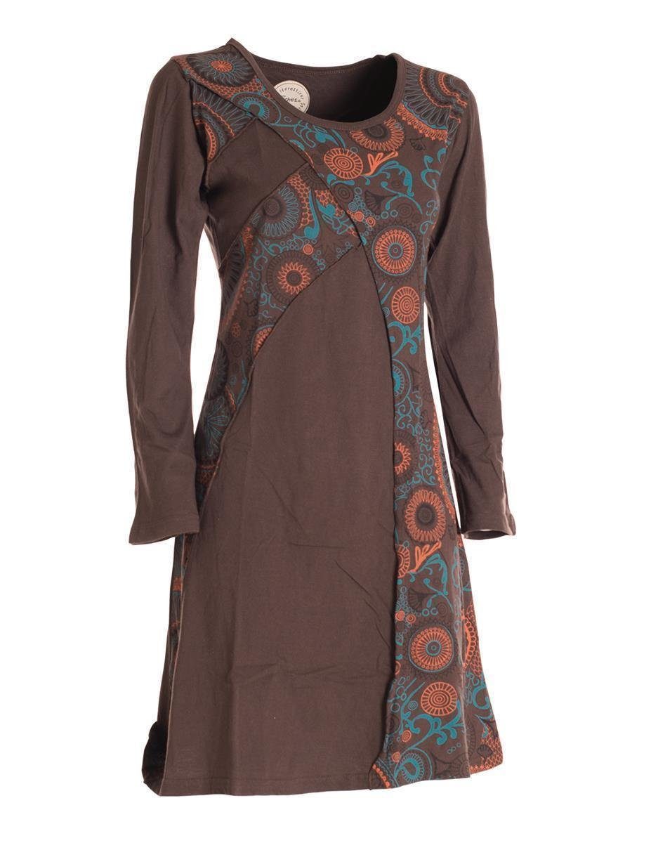 Style Blumenkleid Kleid Langarm Jerseykleid Damen Ethno, Rundhals Baumwollkleid Vishes Elfen Mandala Hippie, braun