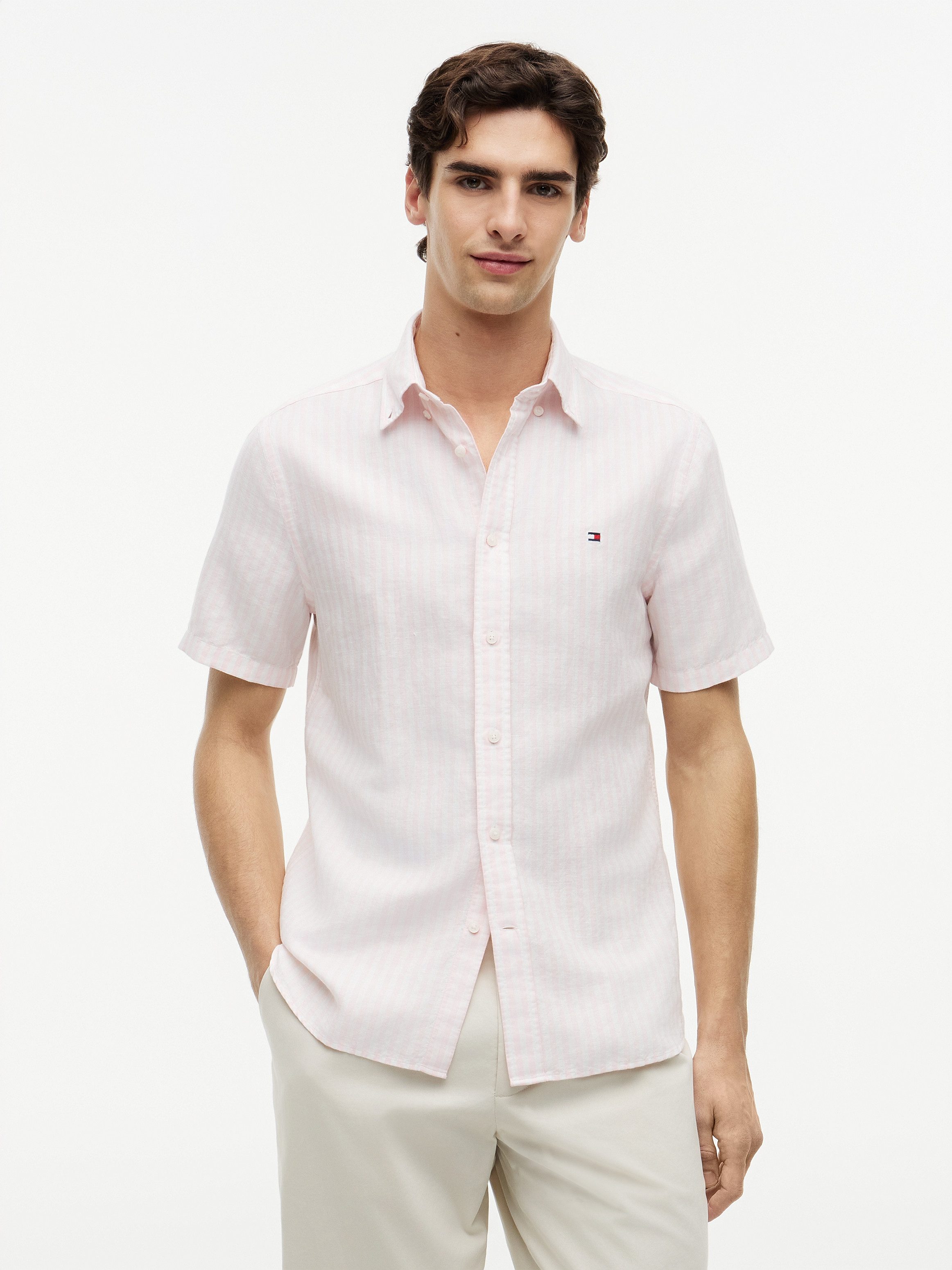 Tommy Hilfiger Kurzarmhemd LINEN BLEND BENGAL STRIPE Regular Fit aus Leinenmix mit Bengalstreifen
