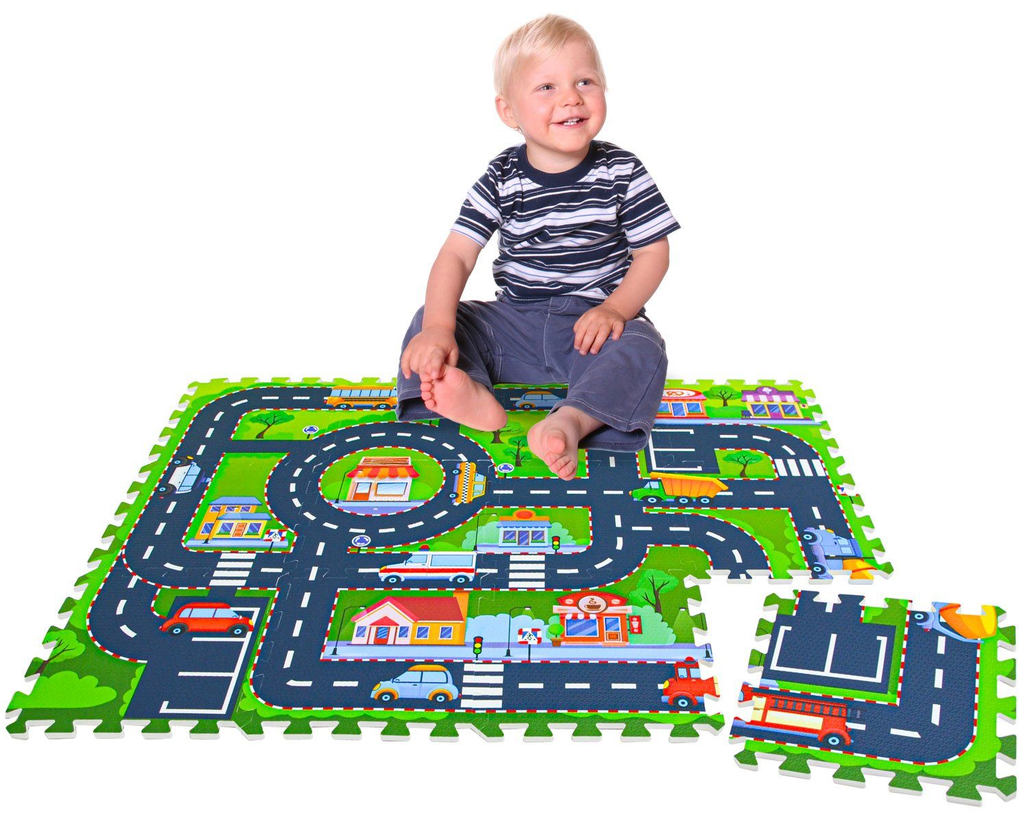 LittleTom Puzzlematte 12 Teile Puzzlematte Straße für Kinder 30x30 cm, Spielstraße Puzzle Spielteppich
