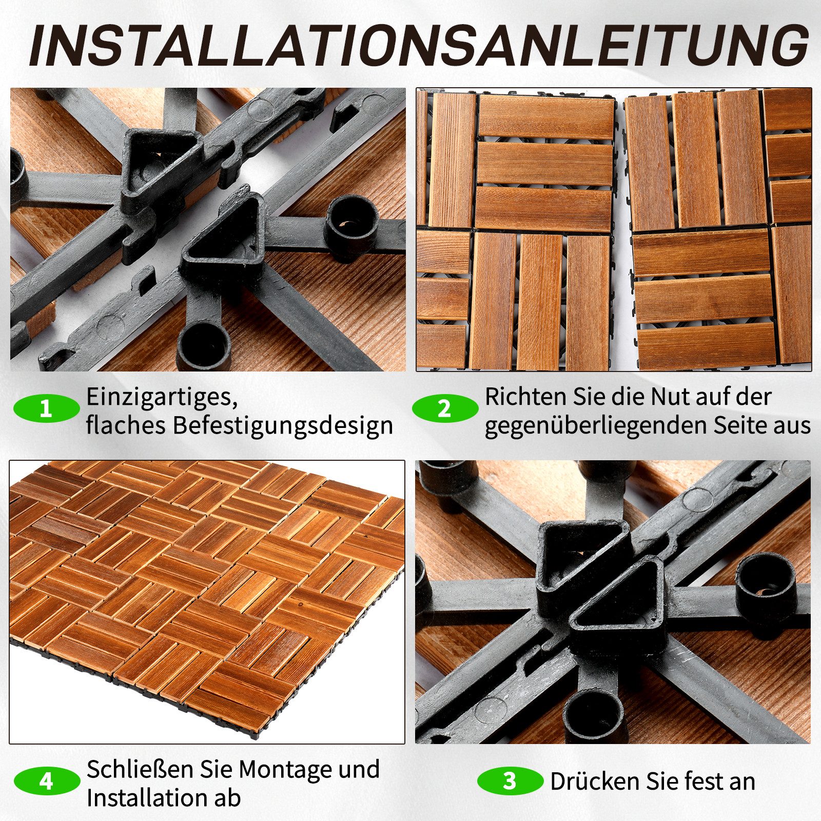 LEADZM Terrassendielen Terrassenfliesen 11er Set Klicksystem 30x30cm, Holz, 1,00 m², BxL: je 30,00x30,00 cm, 2,30 mm Stärke, (11-St), Kiefernholz, wasserabweise – Bild 5 von 5