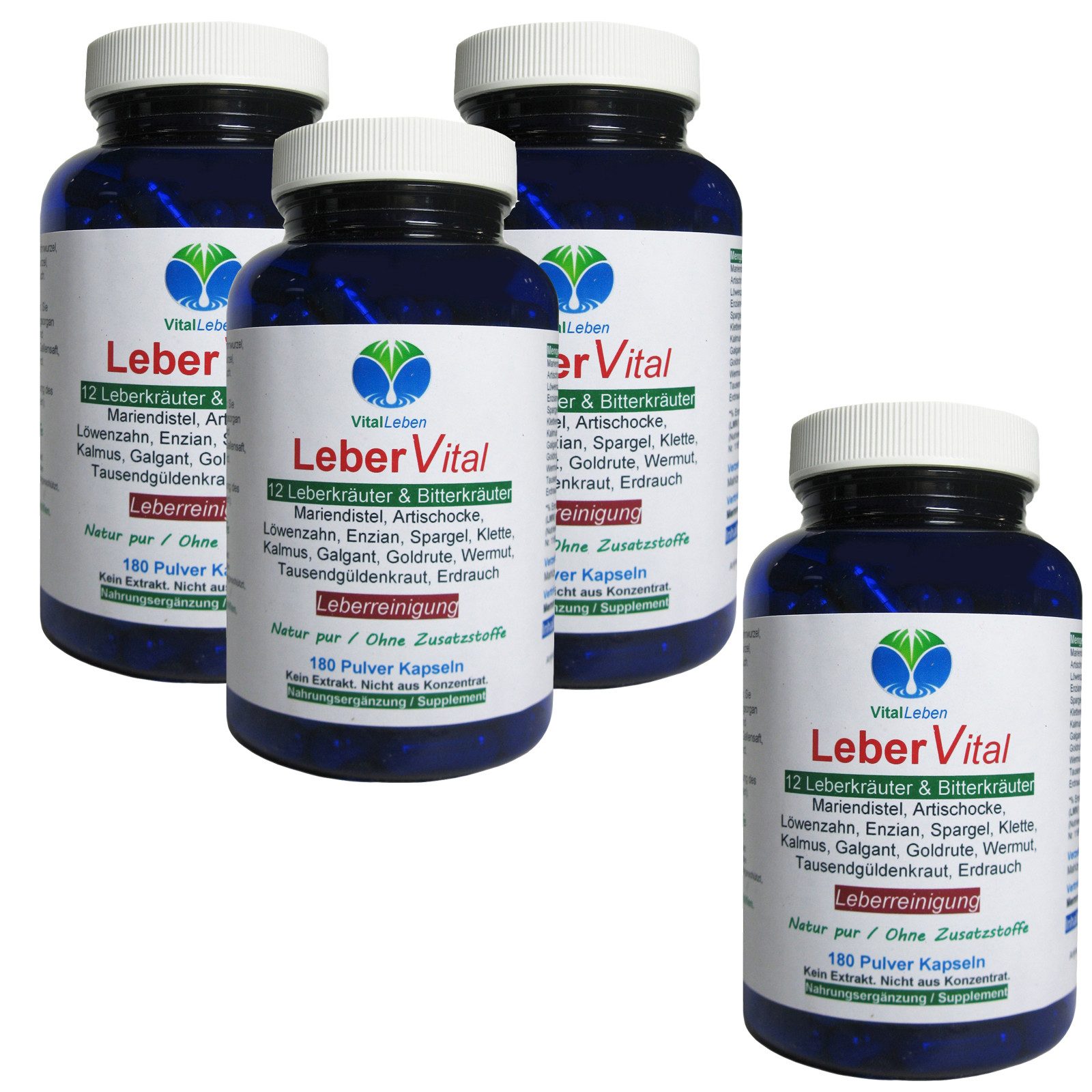 VitalLeben Leber Vital Komplex 12 Kräuter & Bitterstoffe - Ohne Zusatzstoffe Kapseln, 4 er Dose à 180 St., 331,2 g, Art. 26471-720
