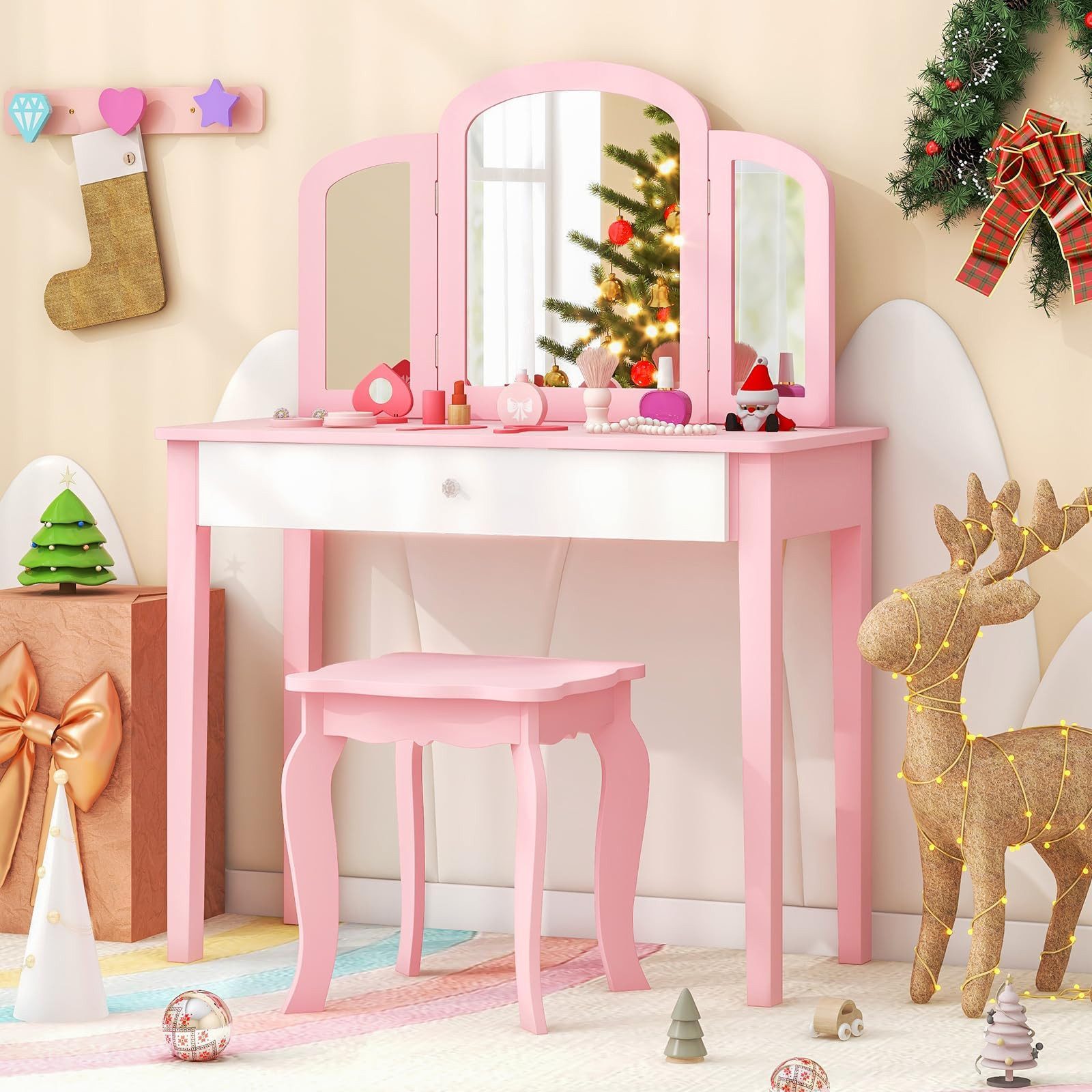 COSTWAY Schminktisch Kinder, mit Spiegel & Hocker, holz günstig online kaufen