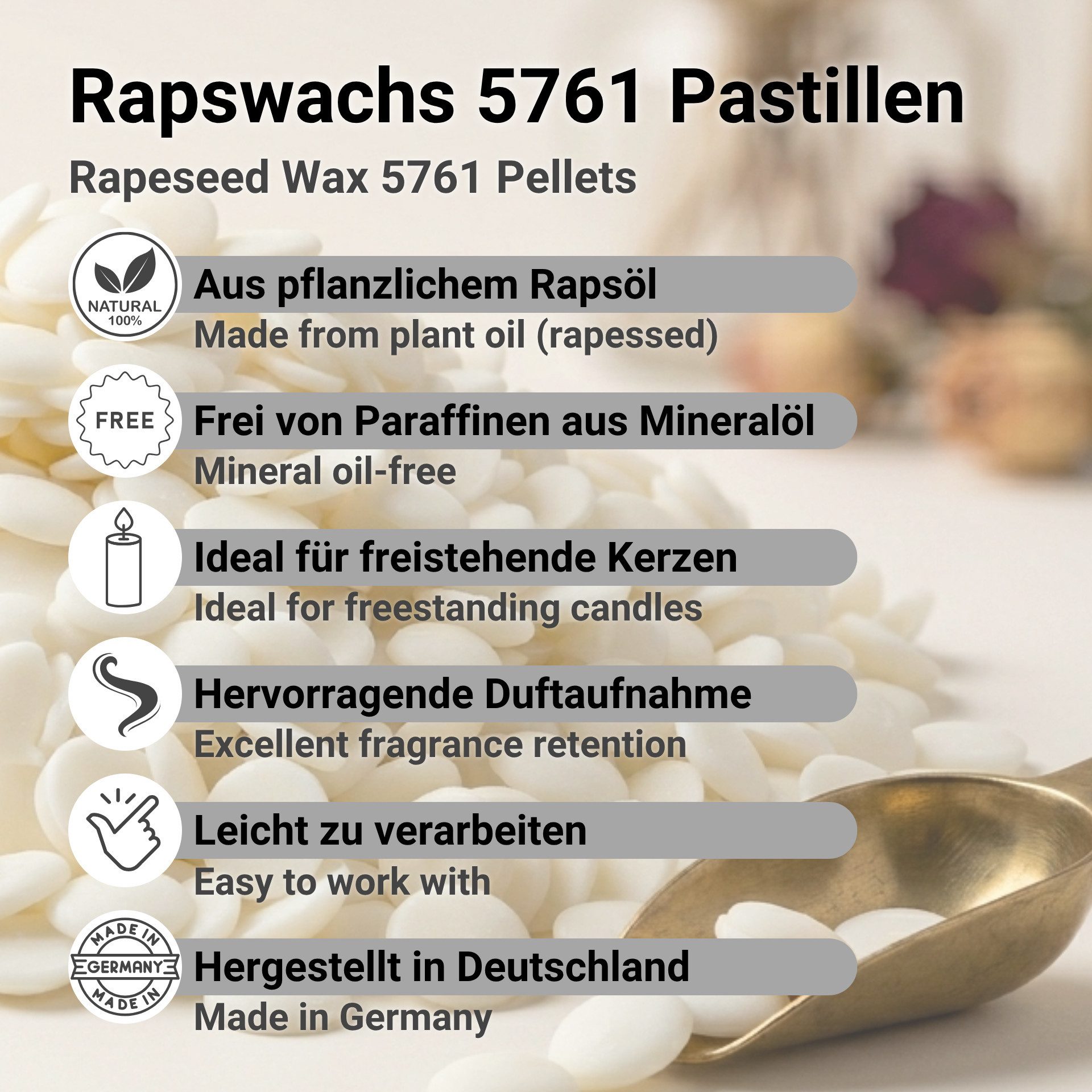 DistrEbution Bastelnaturmaterial Rapswachs Kerzenwachs 5761 in Pastillen 1-25kg Kerzen gießen, Duftkerzen