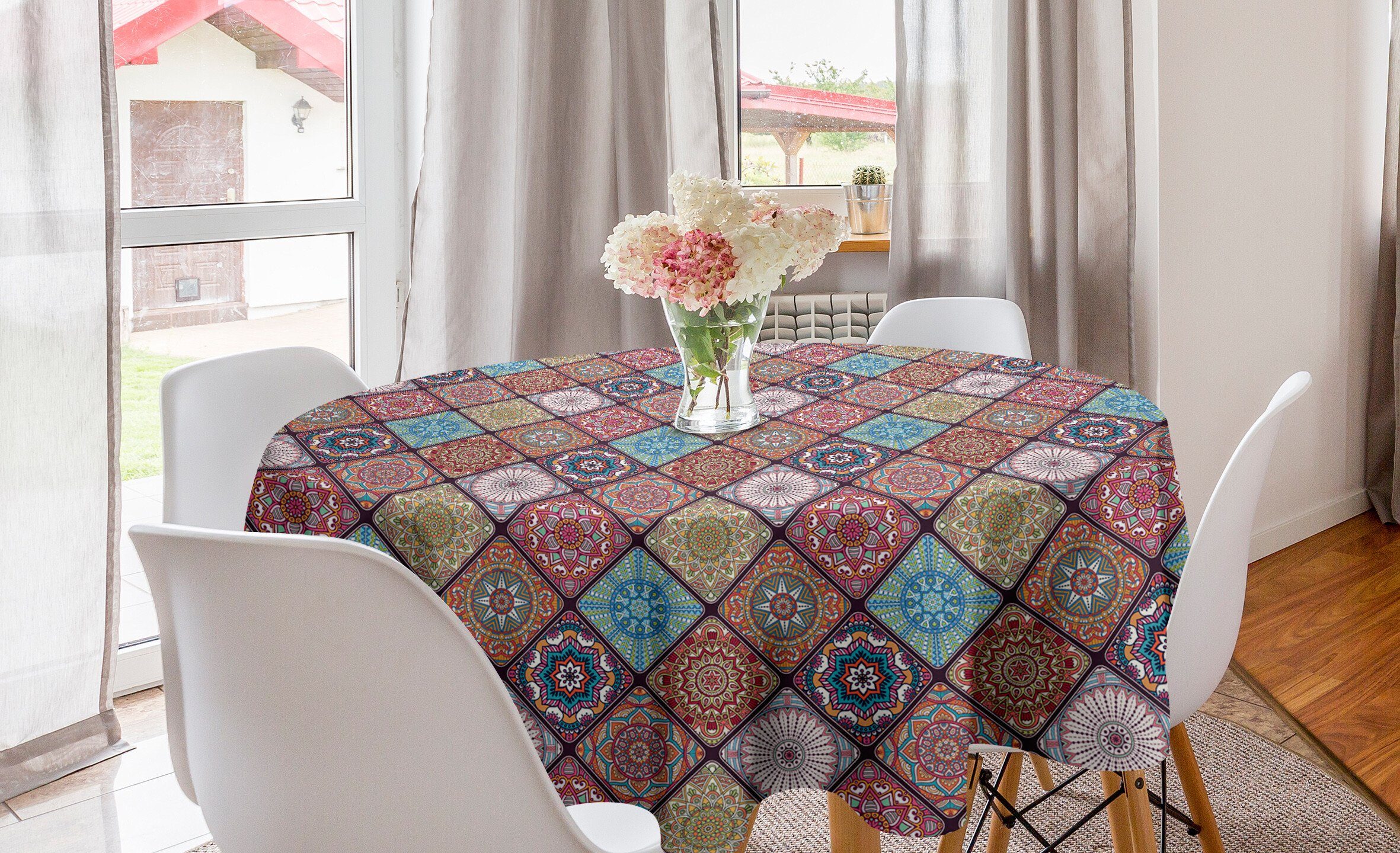 Abakuhaus Tischdecke Kreis Tischdecke Abdeckung für Esszimmer Küche Dekoration, Mandala Bunte Mosaik-Blumen