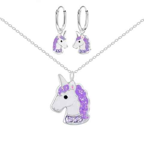 ALEXANDER YORK Schmuckset EINHORN KRISTALL lila CHARM-OHRRINGE, 4-tlg. (Kette mit Anhänger, Ohrringe), 925 Sterling Silber