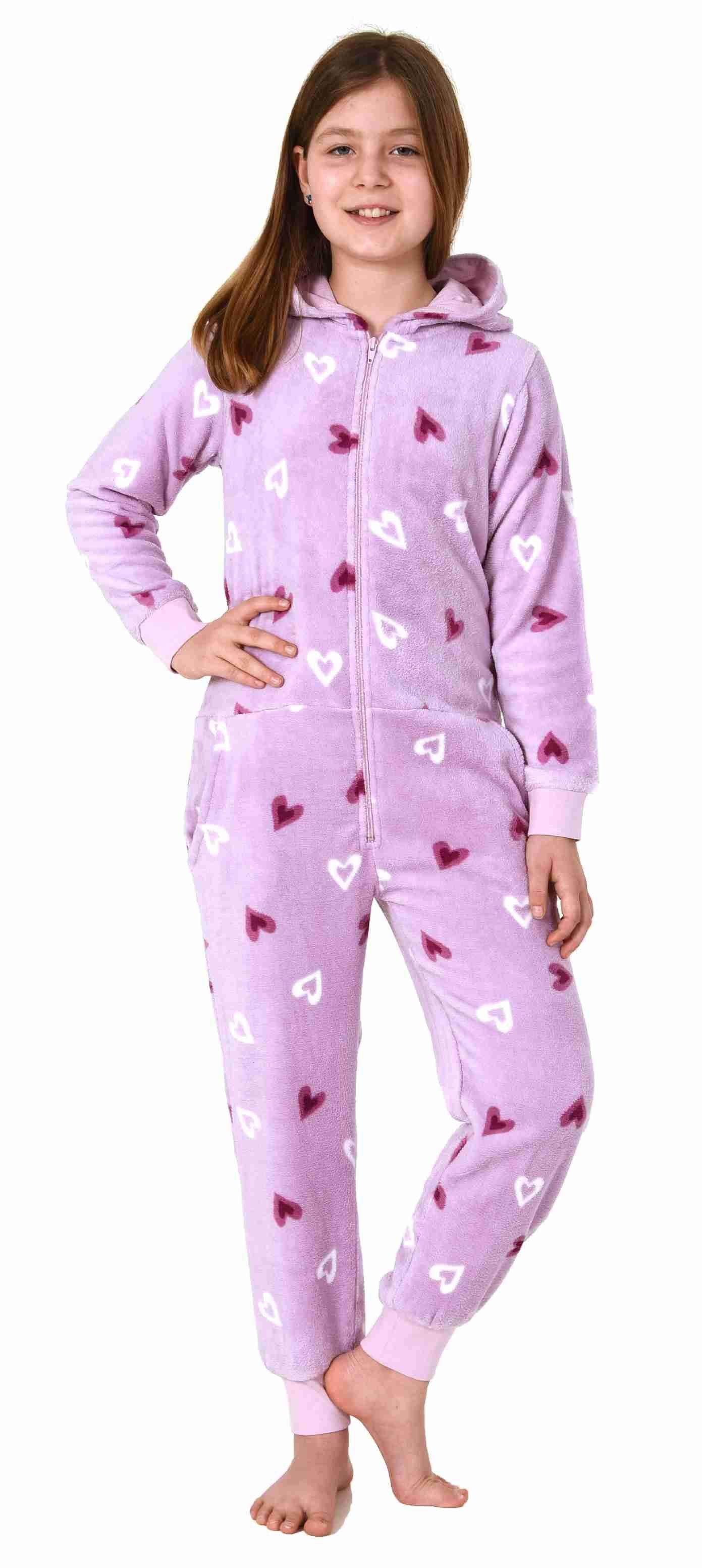 Pyjama Overall Optik in Jumpsuit Normann flieder Herz Mädchen langarm Schlafanzug