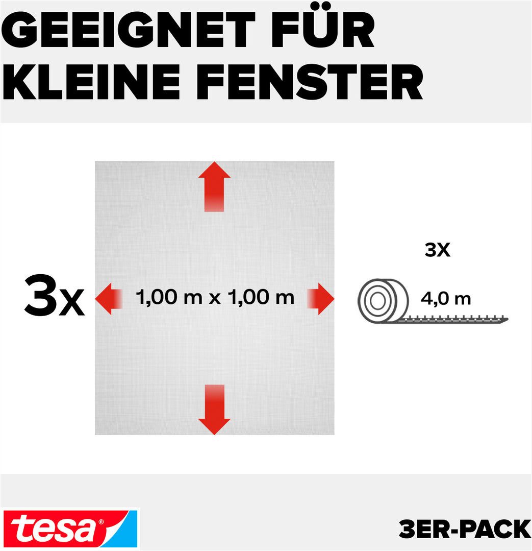 tesa Insektenschutz-Fensterrahmen Insect Stop Standard Fliegengitter für Fenster - 1.0 m : 1.0 m, (Packung, 3-St., Fliegennetz, Klettband), Insektenschutzgitter -Fliegenetz ohne Bohren-zuschneidbar