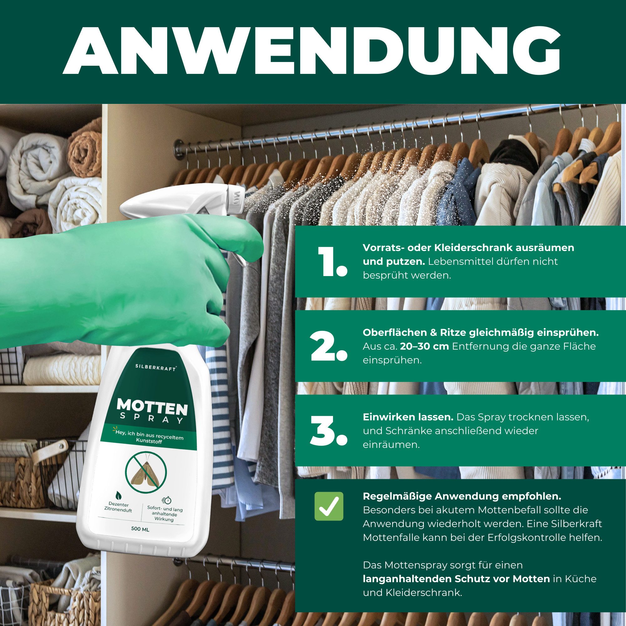 Silberkraft Insektenspray Silberkraft Mottenspray gegen Kleider- und Lebensmittelmotten, 500 ml, Effektiver Schutz vor Motten, Made in Germany, Einfache Anwendu – Bild 5 von 5