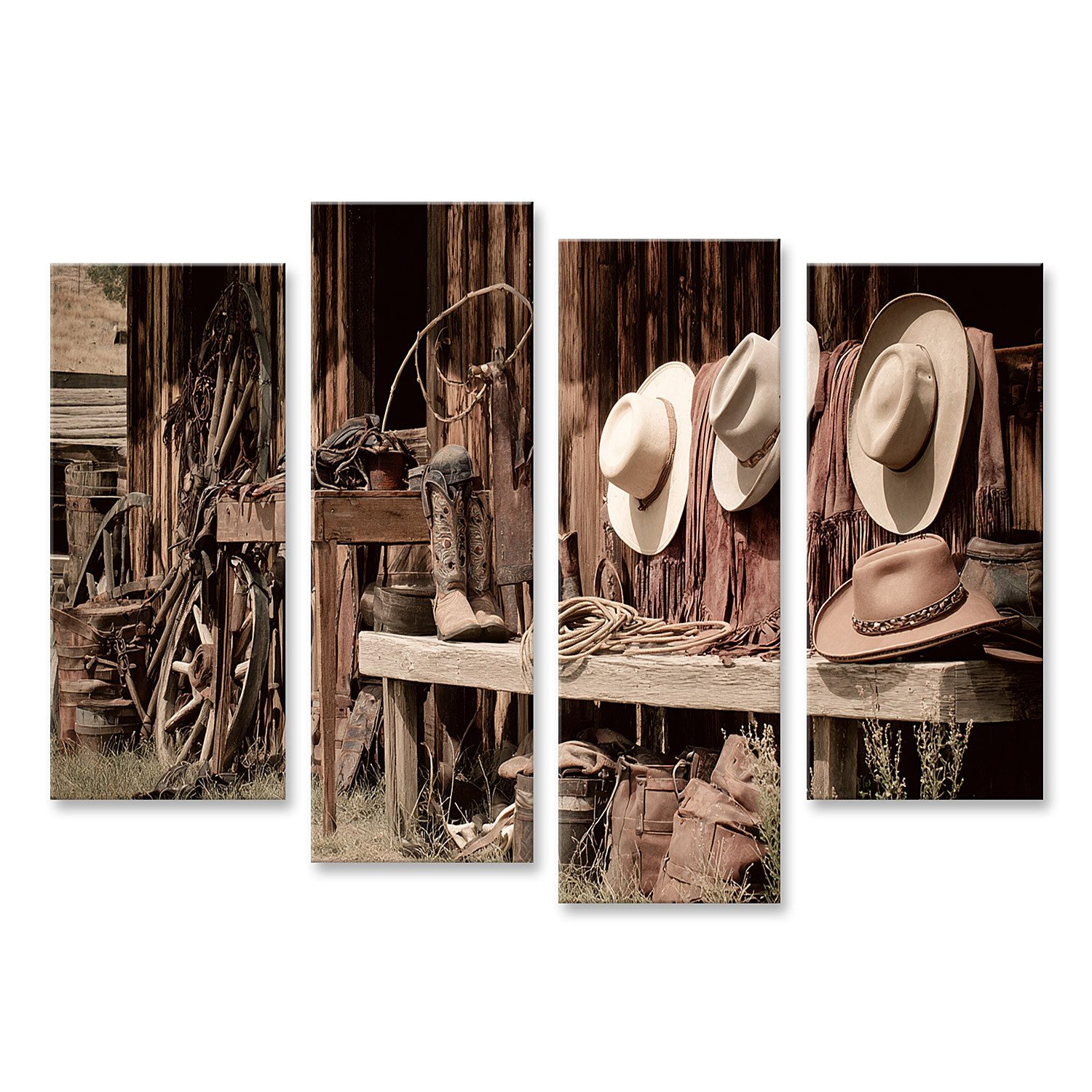 islandburner Leinwandbild Vintage Western mit Hüten und Stiefeln - 4-teilig