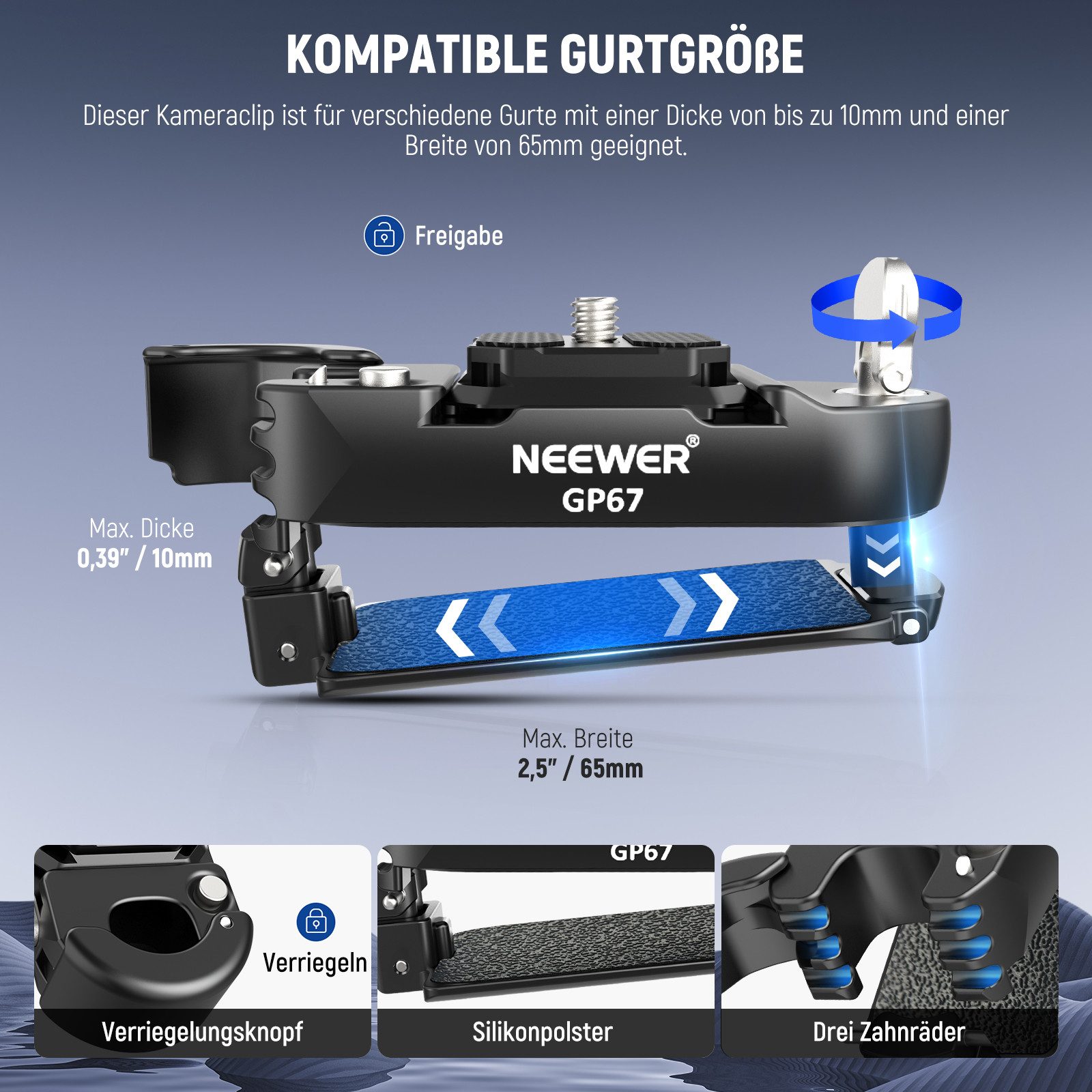 Neewer Kamerahalterung GP67 Rucksack Kamera Clip Halterung mit quadratischer QR Platte, (Packung, verbesserter Sicherheitsriegel, Schnellentriegelung) – Bild 4 von 5