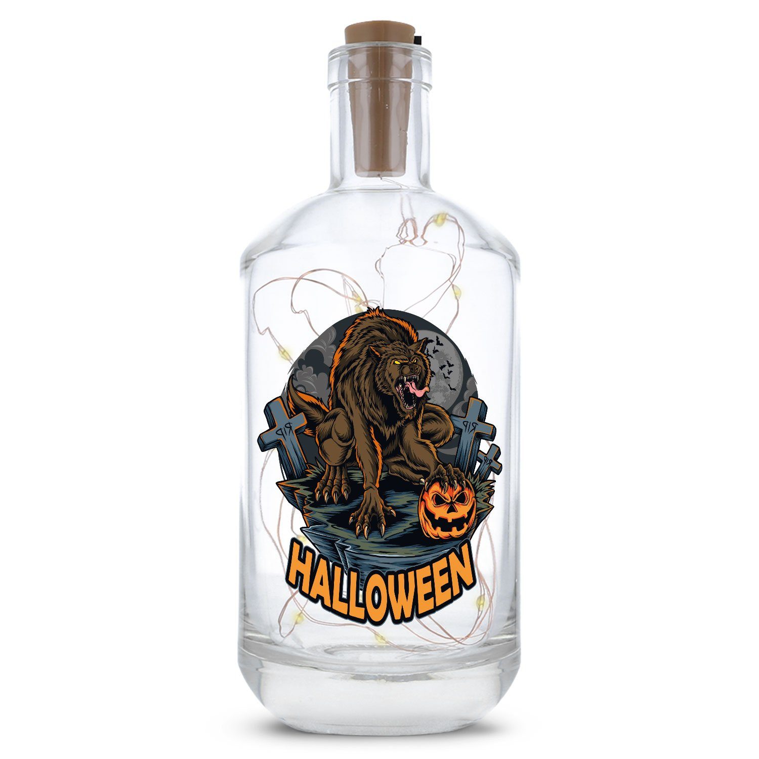 GRAVURZEILE Lichterkette Flasche mit UV-Druck - im Halloween Werwolf V1 Design, 20 LEDs Lichterkette mit Schalter am Korken Drahtlichterkette