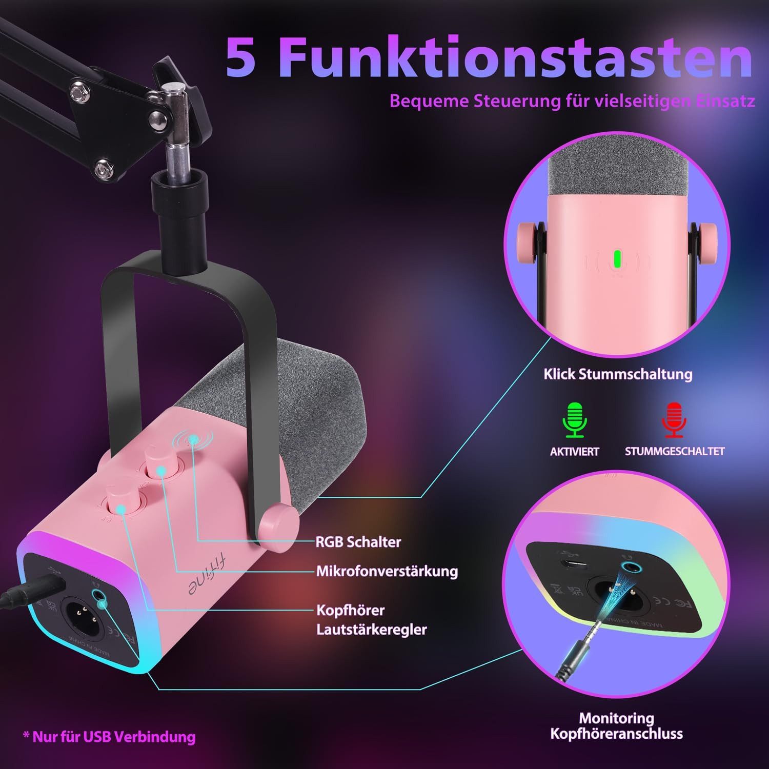 FIFINE Mikrofon XLR Streaming Mikrofon mit Arm für Podcast Studio Gaming Mikrofon, USB Dynamisch Microphone Gaming PC mit Stummschalttaste
