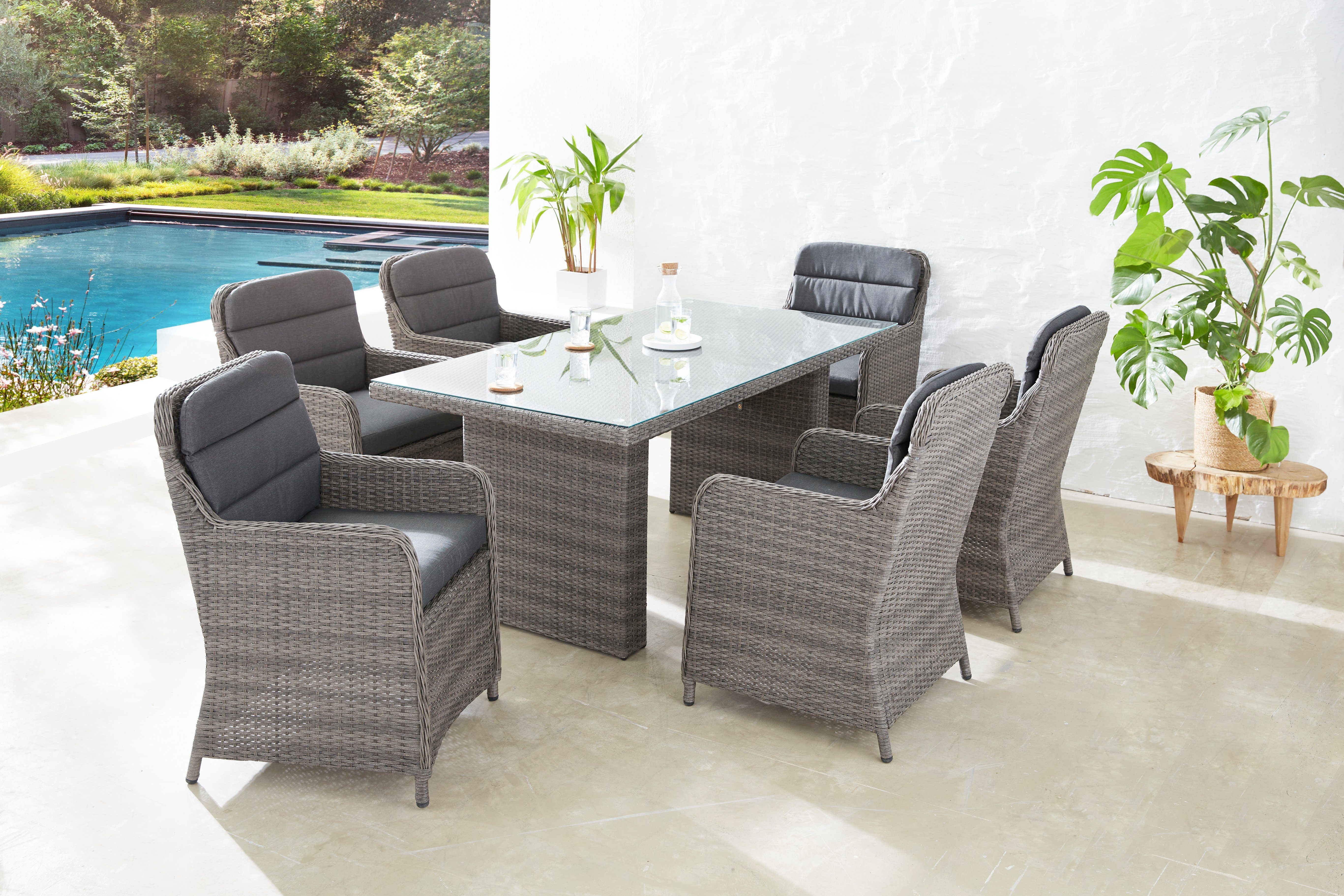 KONIFERA Garten-Essgruppe Kairo, (19-tlg., 6x Sessel, 1x Tisch 180x90x74 cm, Stahl/Polyrattan), inkl. Auflagen