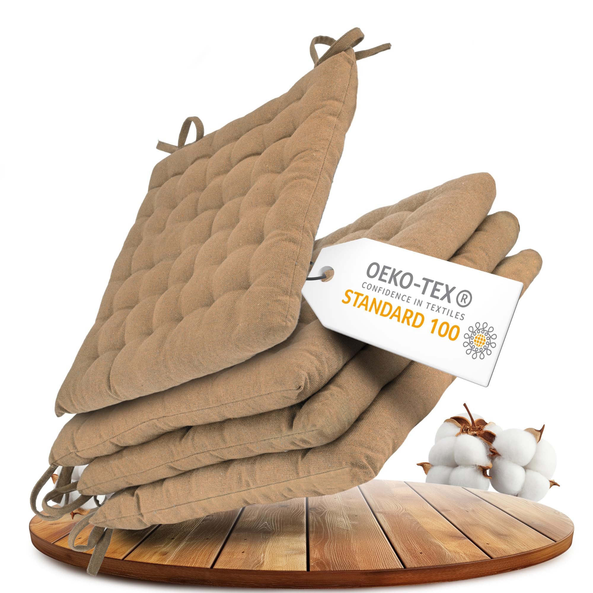 Gräfenstayn Stuhlkissen 4er-Set in 40x40cm und 5cm dicker Polsterung aus 100% Baumwolle, robustes Sitzkissen für Indoor & Outdoor, mit Haltebändern