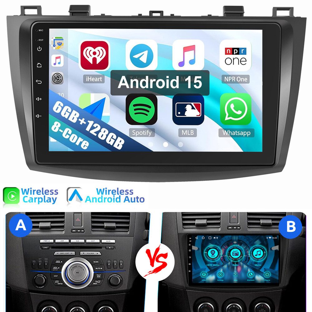 ESSGOO Für Mazda 3 BL 2010-2013 8-Kern 6+128GB RDS ASP 4G-LTE Android 15 Autoradio (RDS, Digitalradio (DAB), FM, AM, Carplay Android Auto Navi 4G LTE WIFI BT SWC)