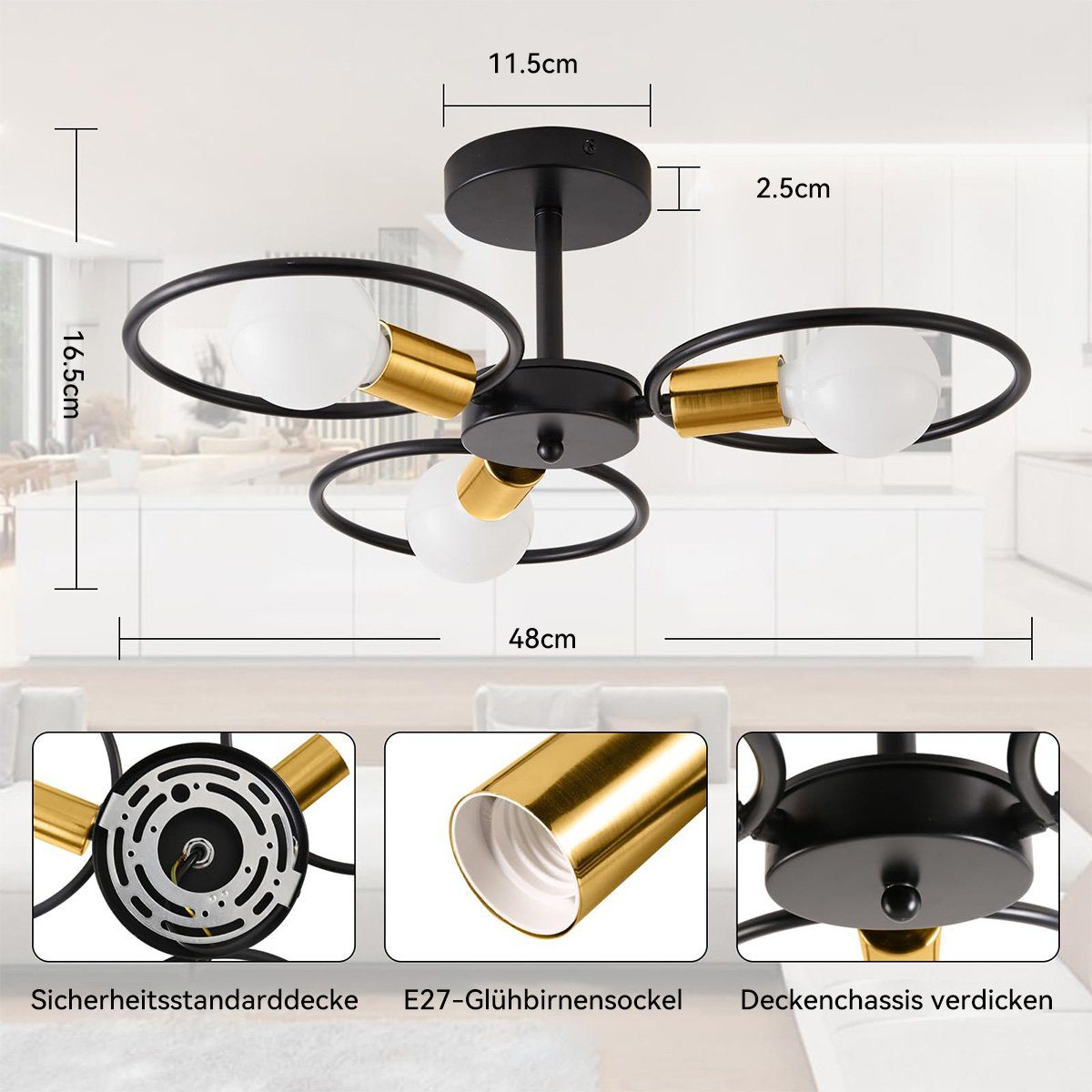 DOPWii Deckenleuchte, 3flammige Deckenleuchte Schlafzimmer geeignet LED E27, für LED