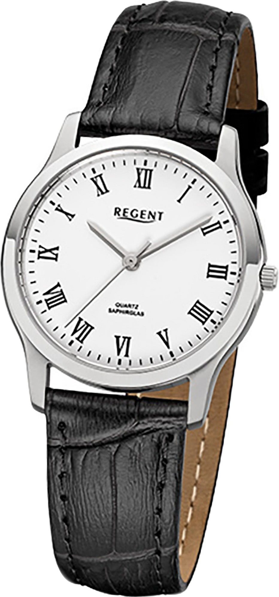 Regent Quarzuhr Regent Leder Damen Uhr F-1072 Quarzuhr, Damenuhr Lederarmband schwarz, rundes Gehäuse, klein (ca. 30mm)