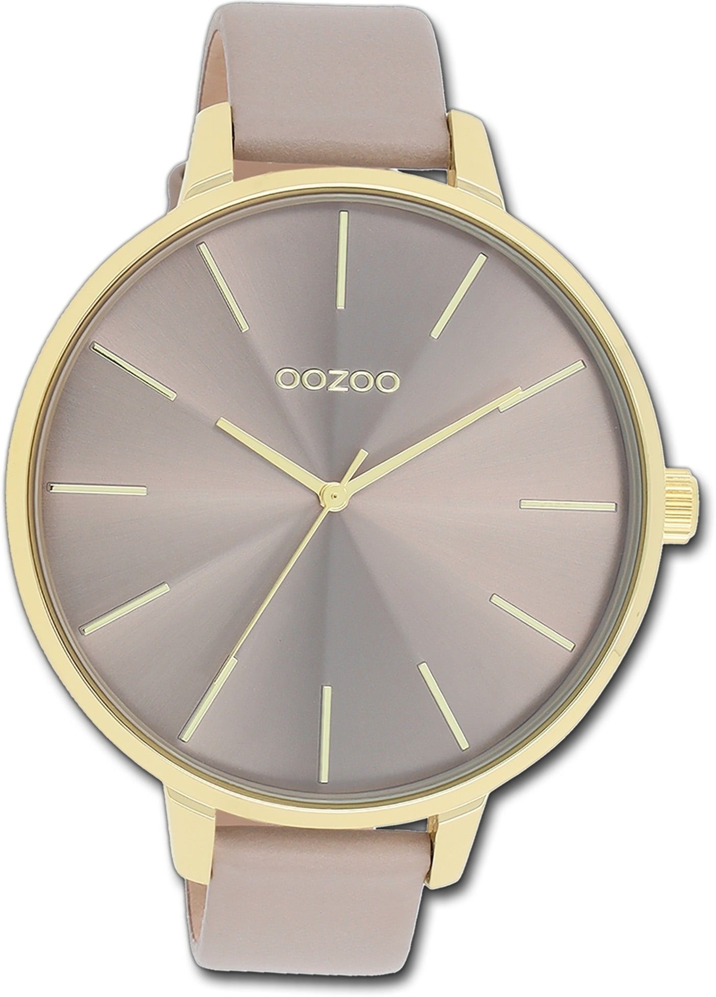 OOZOO Quarzuhr Oozoo Damen Armbanduhr Timepieces, Damenuhr Lederarmband taupe, braun, rundes Gehäuse, extra groß (48mm) | Quarzuhren