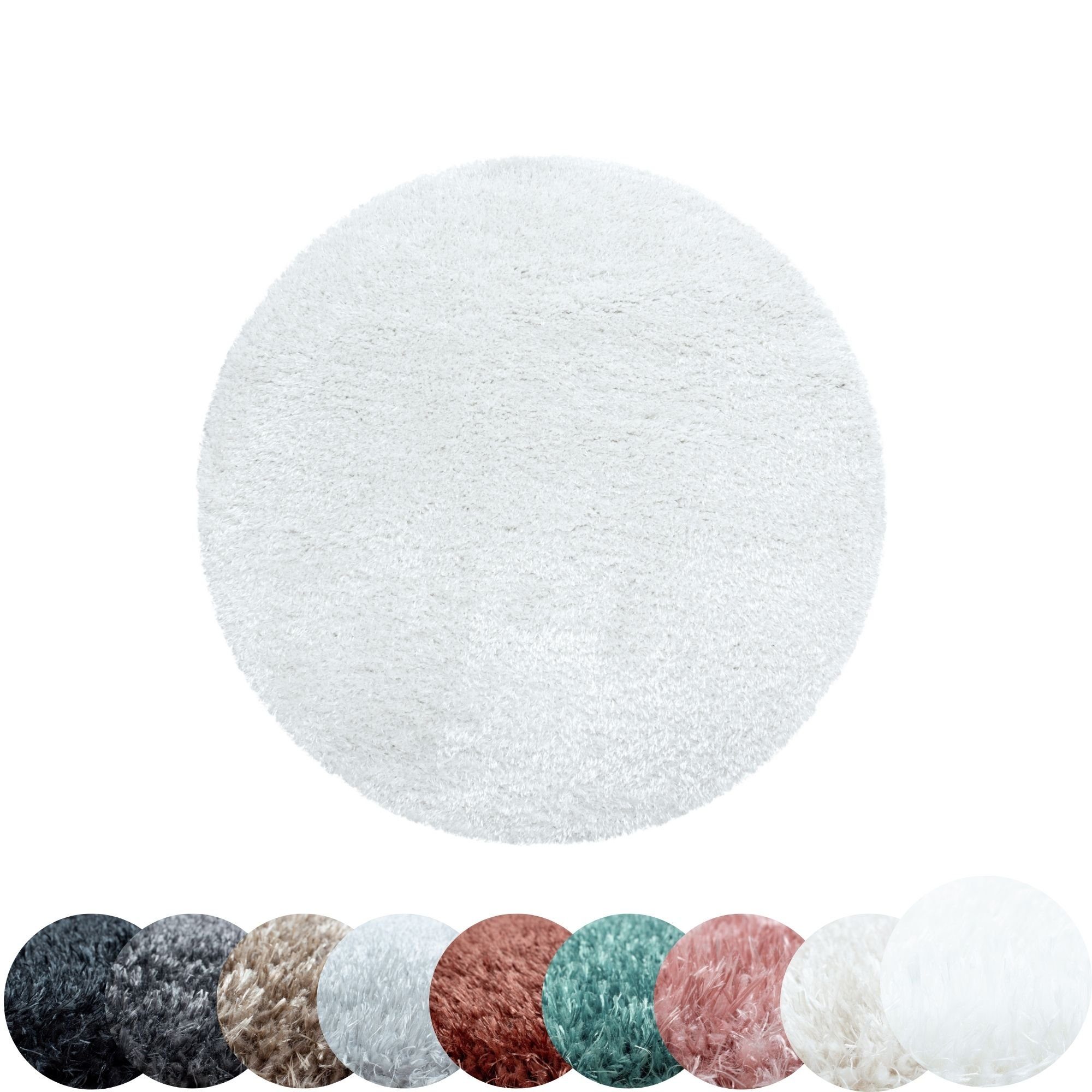 Teppich Unicolor - Einfarbig, HomebyHome, Rund, Höhe: 50 mm, Runder Teppich Wohnzimmer Shaggy Einfarbig versch. farben und größen Weiß | Hochflor-Teppiche