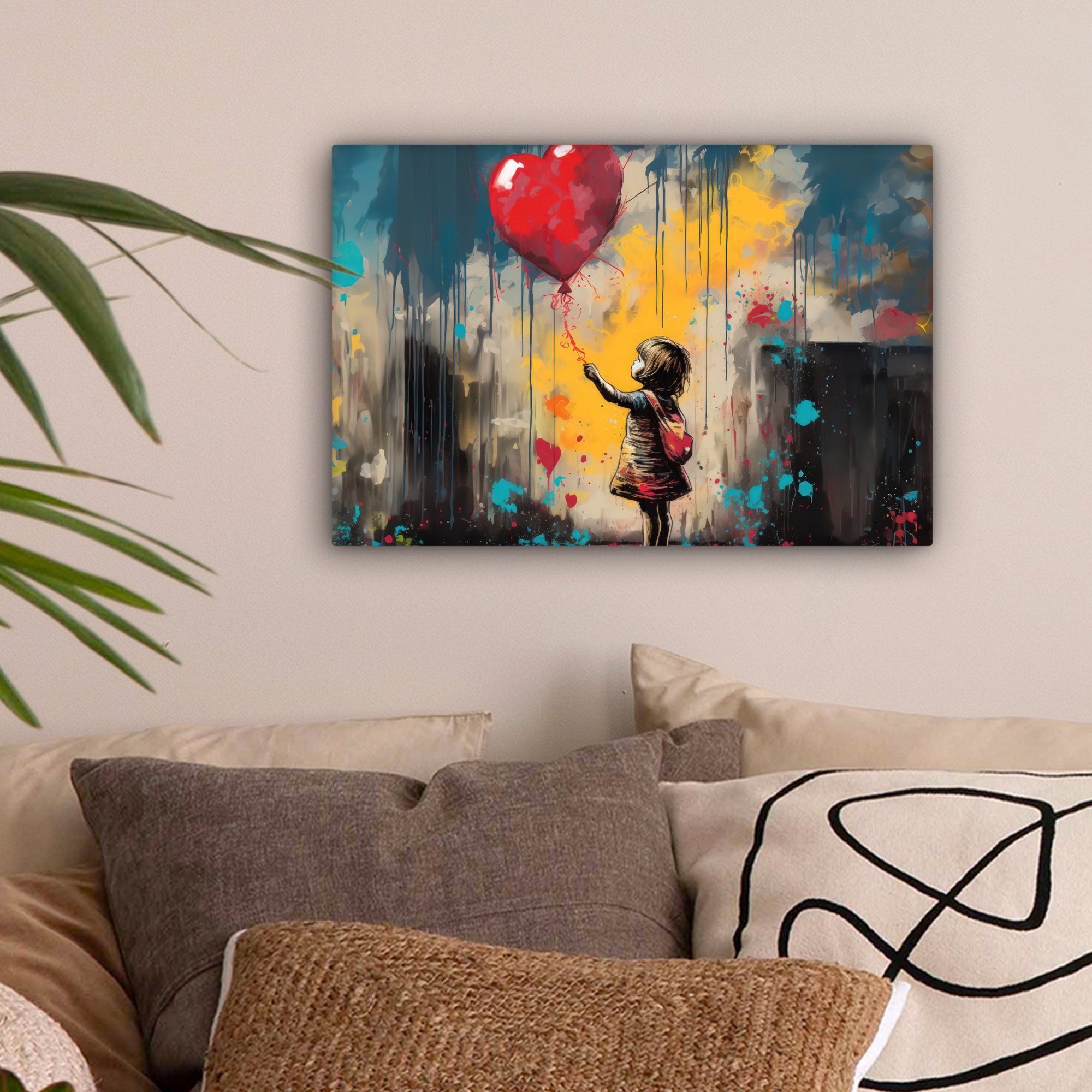 OneMillionCanvasses® Leinwandbild Mädchen - - (1 Leinwandbilder, Luftballon Wandbild St), Graffiti, cm Herz Aufhängefertig, - Wanddeko, 30x20