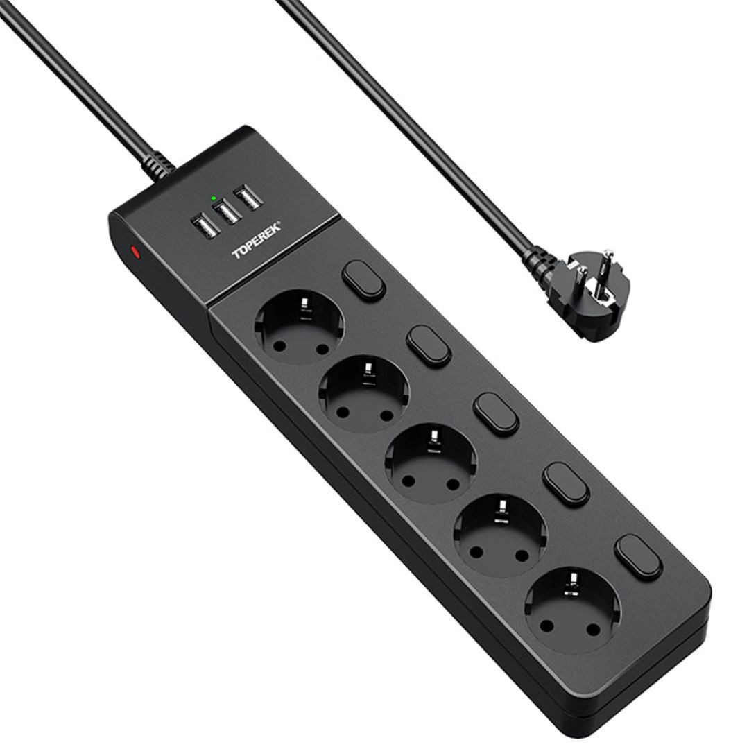 KUPU Mehrfachsteckdose mit 3 USB Mehrfachsteckdose 5-fach (Ein- / Ausschalter, Überlastungsschutz, Übertemperaturschutz, Kurzschlussschutz, Kabellänge 2 m), 8in1 Multifunktions-Mehrfachsteckdose mit Einzeln Schaltbar,2M Kabel