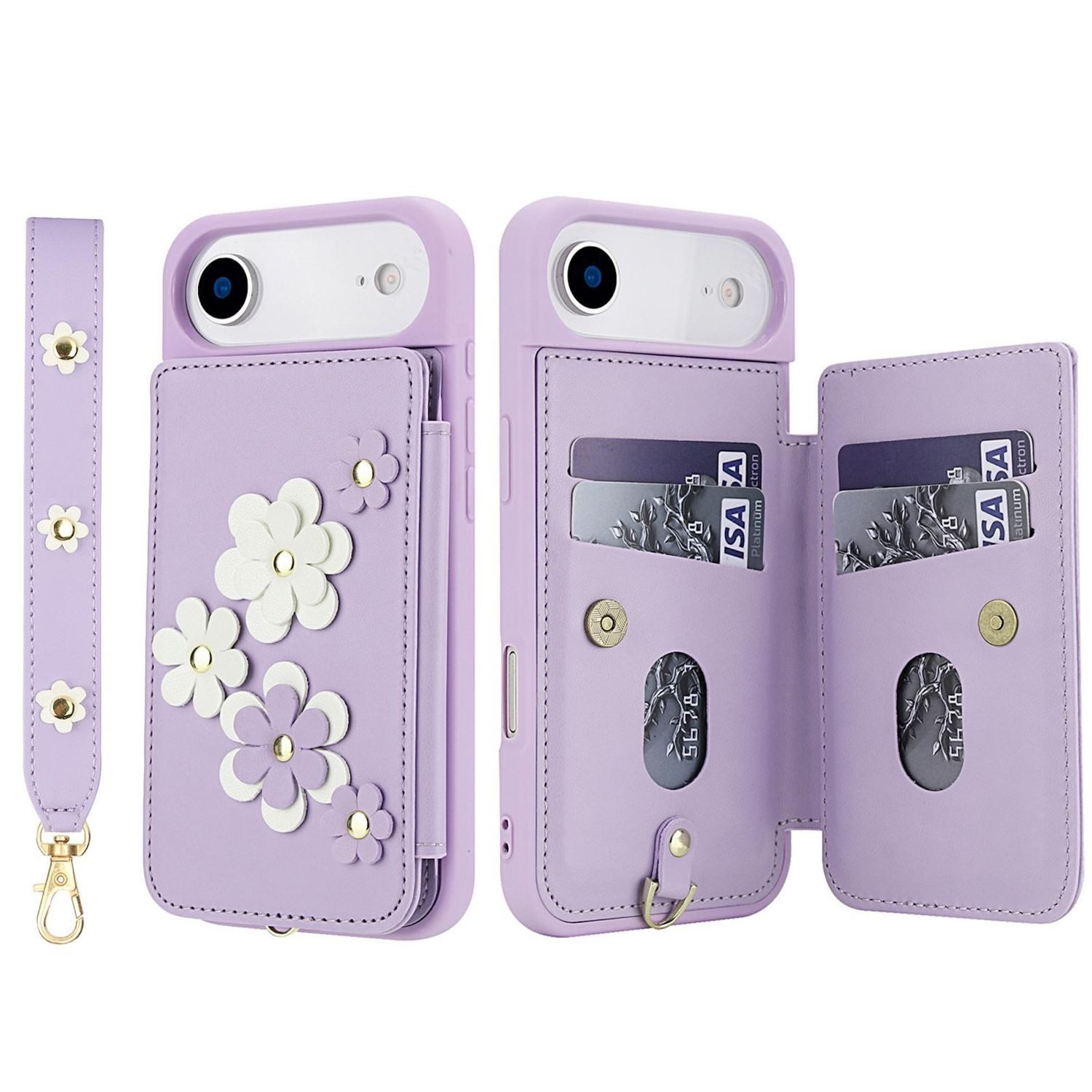Wigento Handyhülle Für Apple iPhone 17 Air Crossbody Kunstleder Blumenmuster Hülle Lila, Mit Kartenfächern, Gurt, Kickstand-Funktion