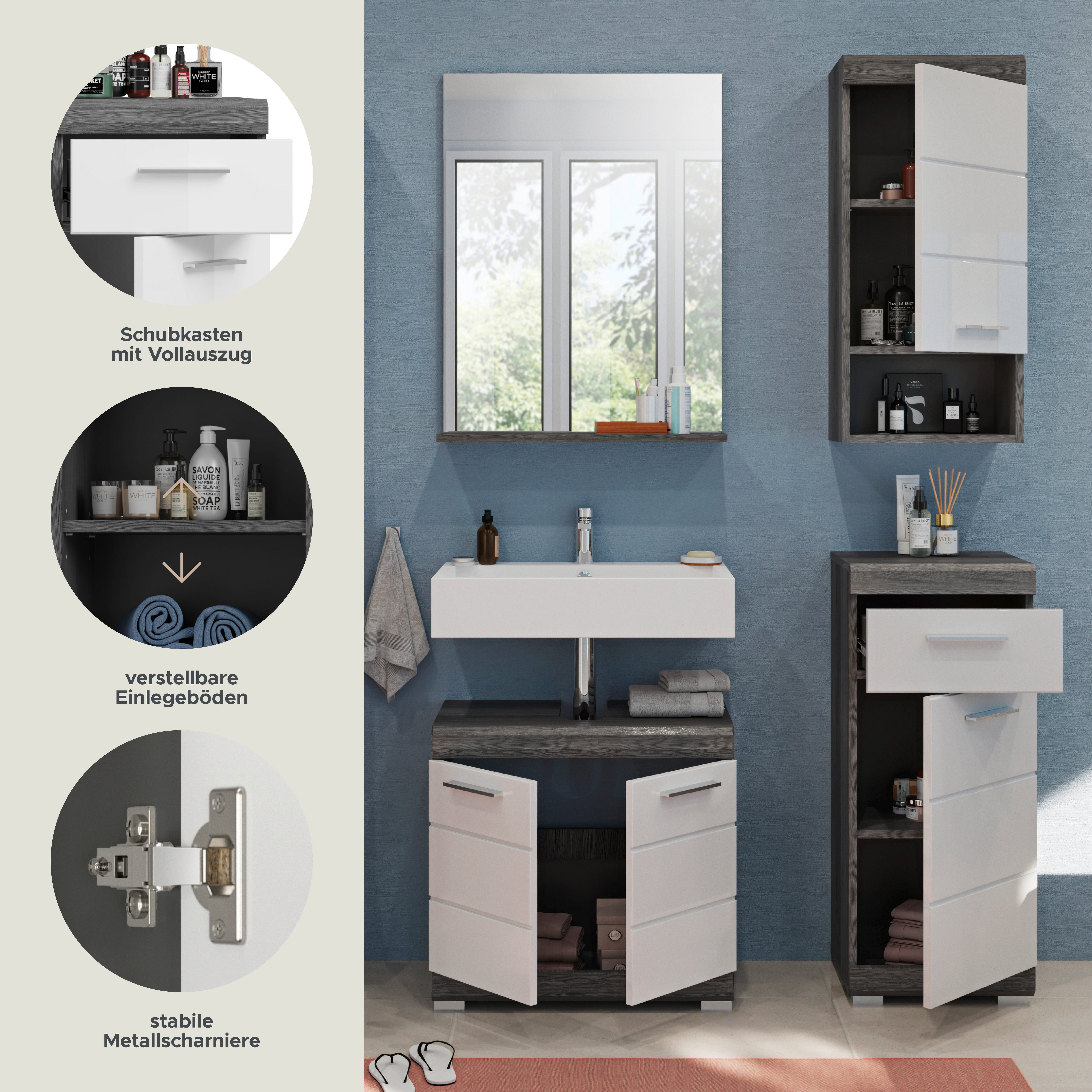 furnling Badmöbel-Set Scott, (4-St., bestehend aus Spiegel, Hängeschrank, Standschrank, WBU), Badmöbel, Badezimmermöbel, Komplett-Set, modern