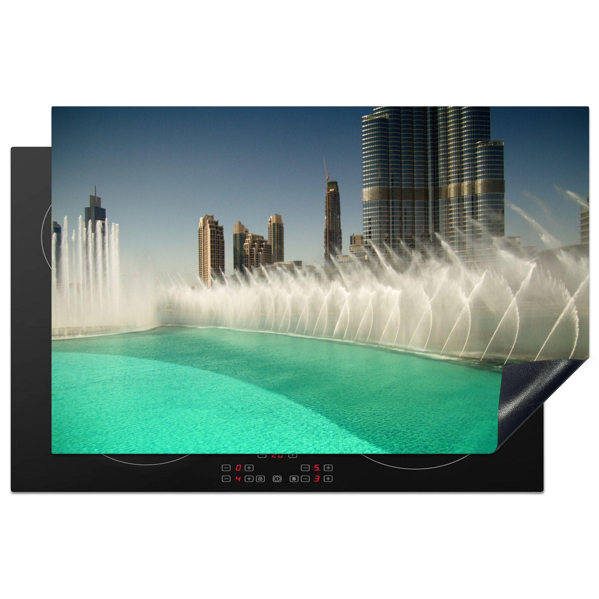 MuchoWow Herdblende-/Abdeckplatte Springbrunnen in Dubai, Vinyl, (1 tlg), 81x52 cm, Induktionskochfeld Schutz für die küche, Ceranfeldabdeckung