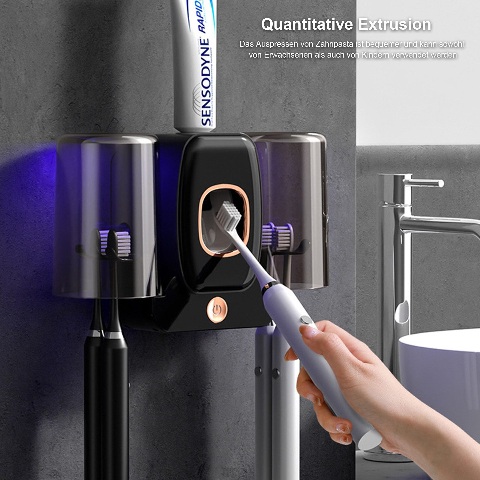 OKWISH Zahnbürstenhalter UV Desinfektions Zahnbürstenhalterset Zahnpastaspender, (Wand montiert Zahnbürste Sterilisator Set, Zahnbürsten Sanitizer Halter mit 2 Gurgelbechern wiederaufladbar), für Waschtisch Badezimmer Wohnung Hotel usw.