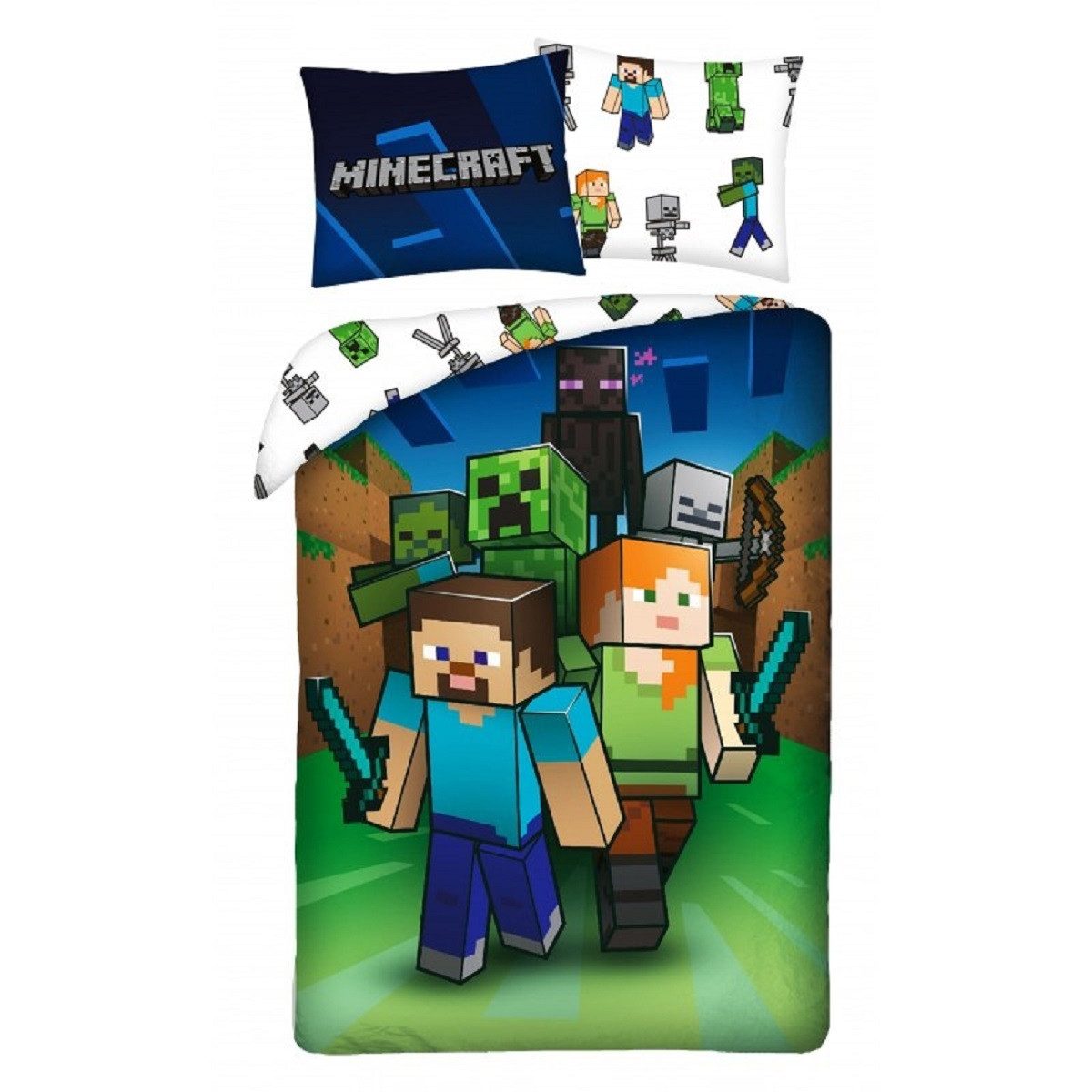 Minecraft Bettwäsche Set aus Baumwolle Deckenbezug 140 × 200 cm mit 70 × 90 cm Kissenbezug, Baumwolle, 2 teilig