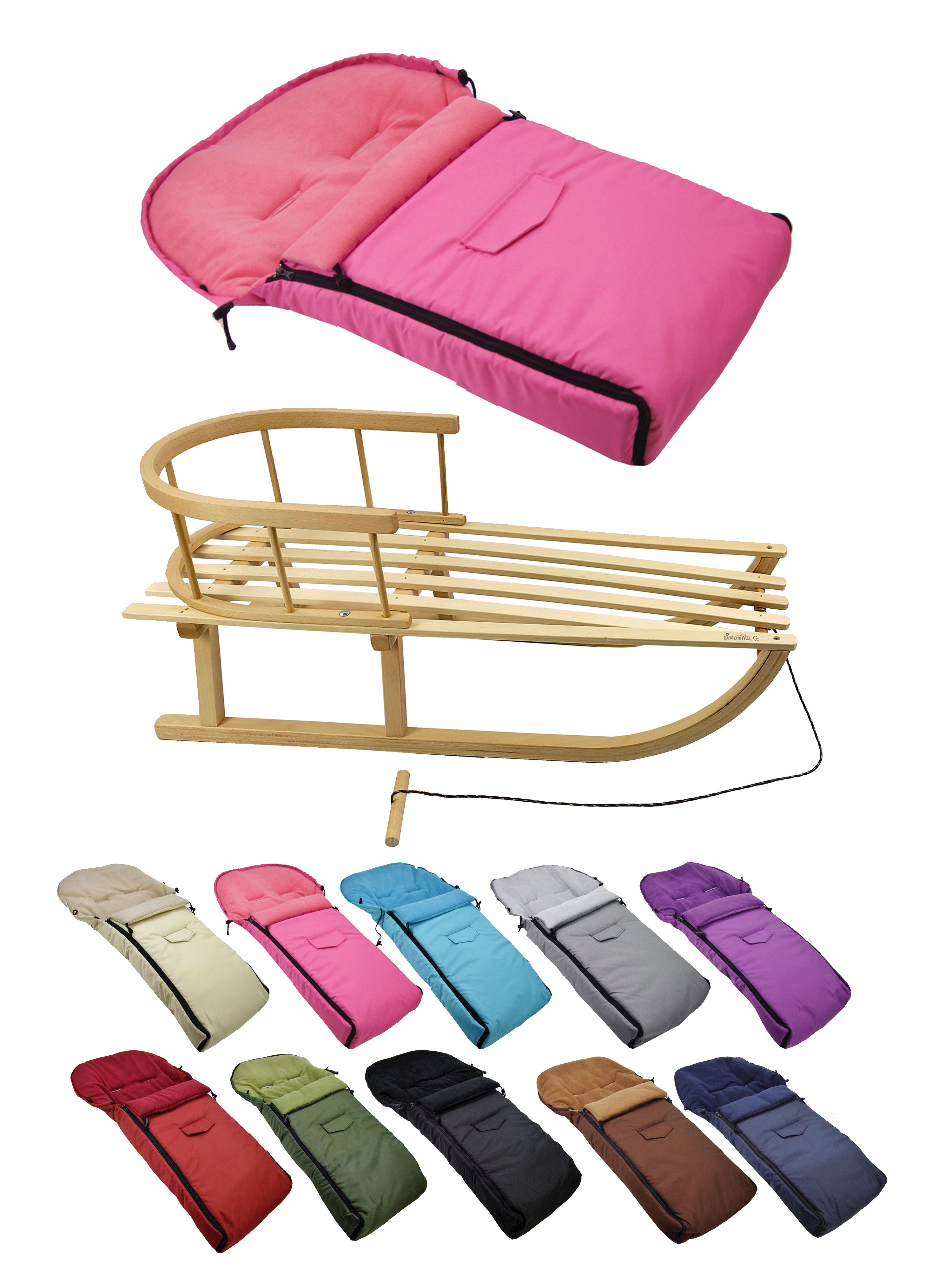 BambiniWelt by Rafael K. Davoser Schlitten CE-HOLZSCHLITTEN mit Rückenlehne Zugleine + WINTERFUßSACK Fleece 90cm