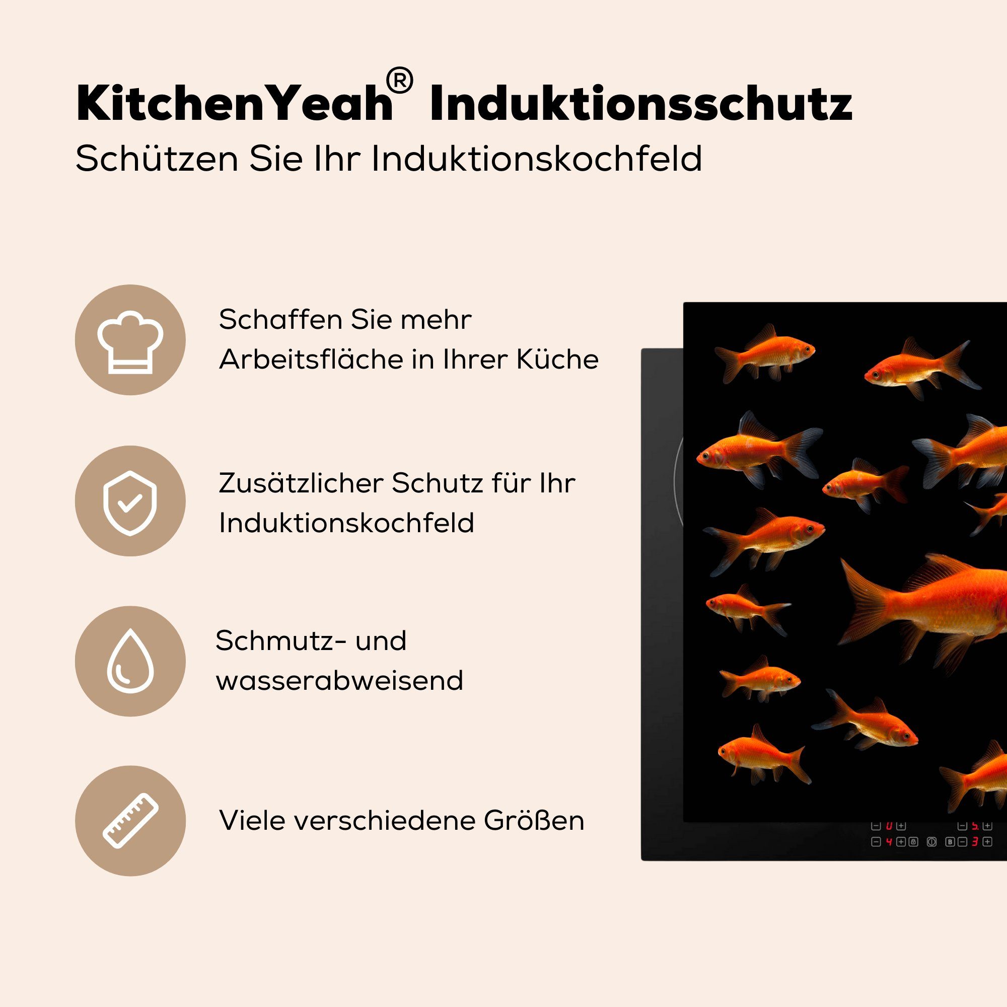 MuchoWow cm, 78x78 Hintergrund, schwarzem tlg), auf Arbeitsplatte Herdblende-/Abdeckplatte für Vinyl, Ceranfeldabdeckung, (1 küche Goldfisch
