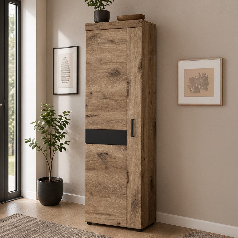 Lomadox Garderobenschrank GRAHAM-129 Eiche Dekor Grau 58 cm Softclose Kleiderstange ausziehbar