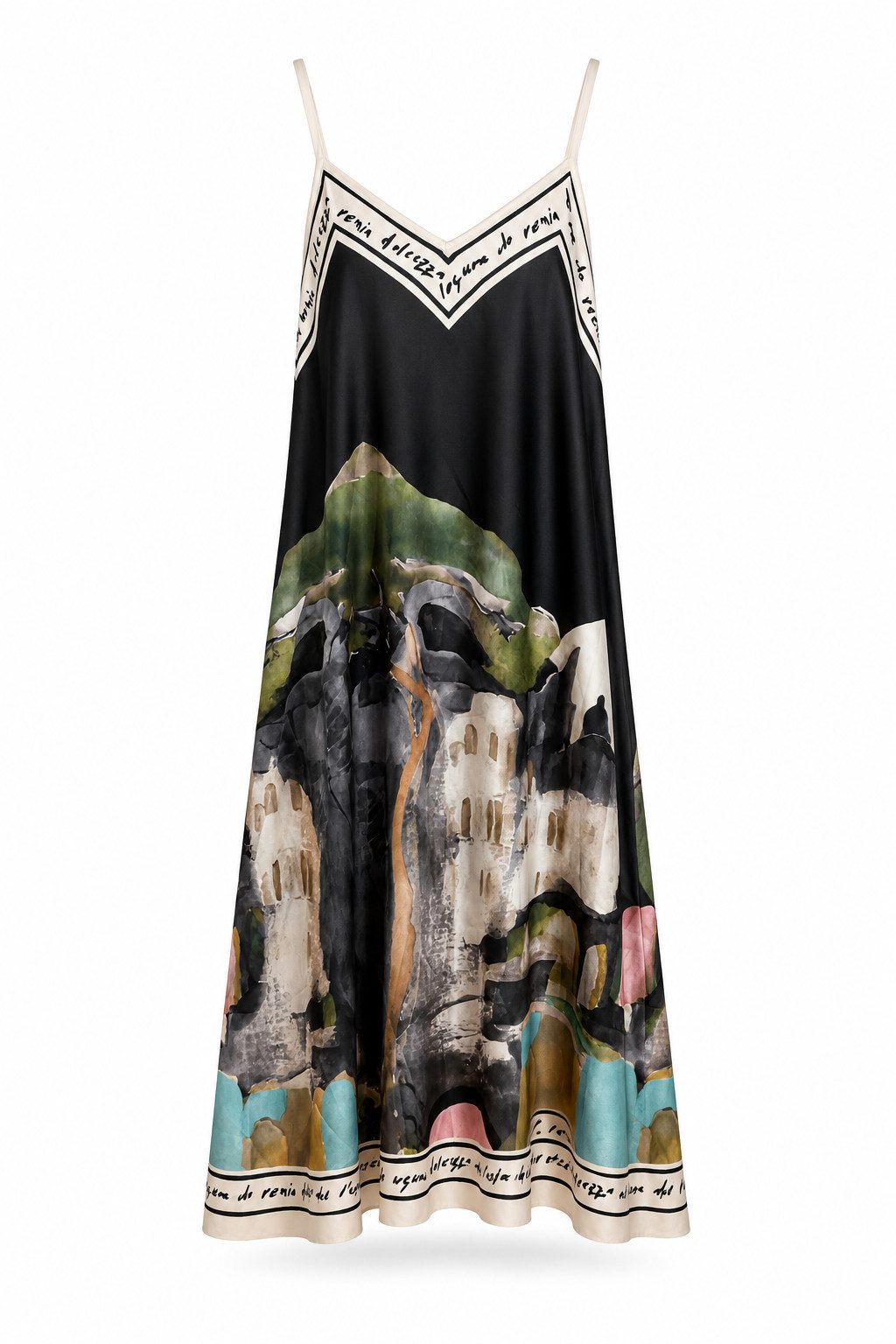 ITALY VIBES Sommerkleid - A-Linien Kleid mit Aquarell Print - Damen Kleid in Satin-Optik ONE SIZE - passend für Größen M bis XL