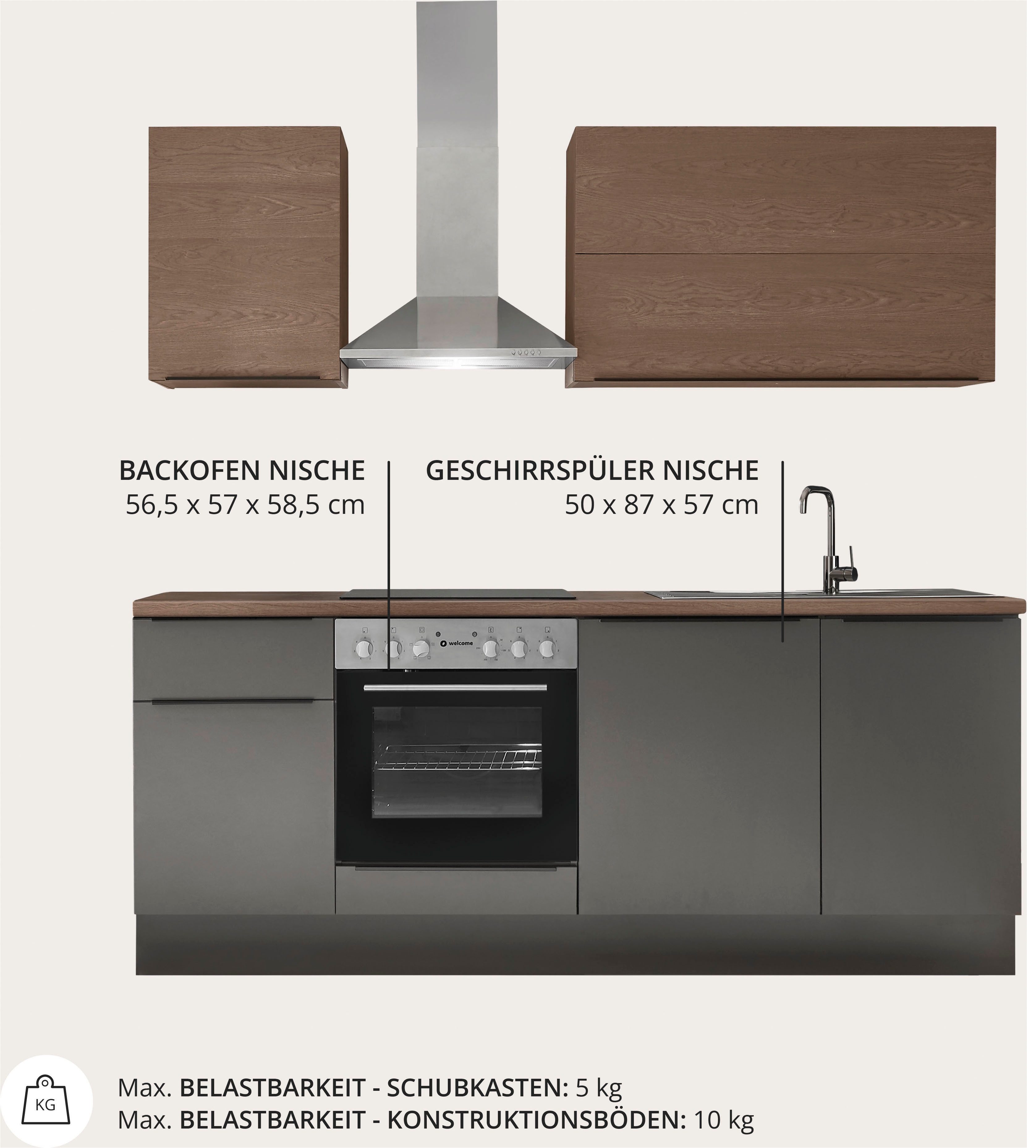 KOCHSTATION Küchenzeile Cocco B/H/T 220x211x60 cm, Breite 220 cm, wahlweise mit E-Geräten und Induktion