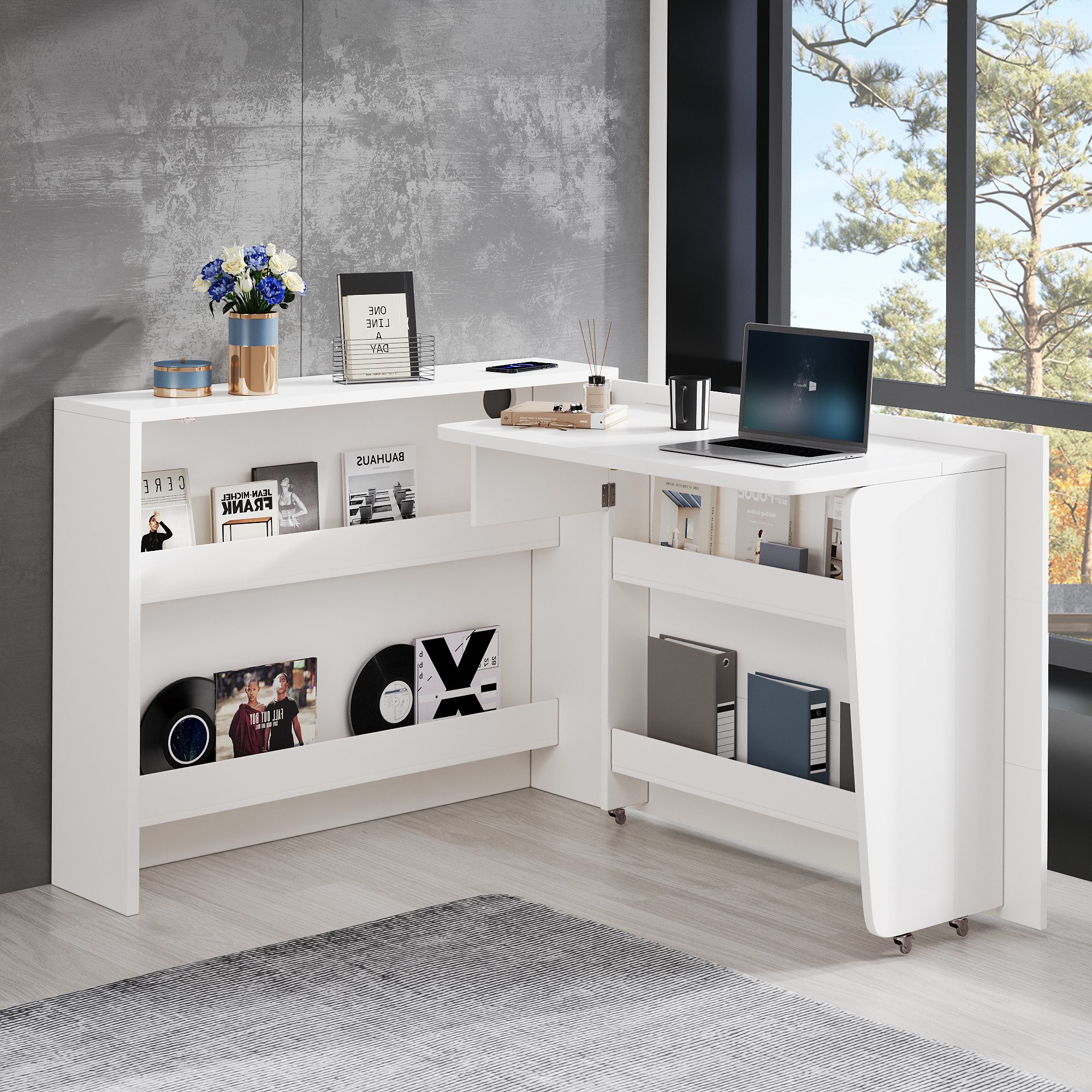 REDOM Eckschreibtisch mit kabellosem Laden (Faltbarer Computertisch, Bremse-Schreibtisch, 1-St., 115×27×93 cm + 95×51 cm Tischfläche), mit Rollen, Kabelloses Ladegerät, Anti-Kipp-Sicherung