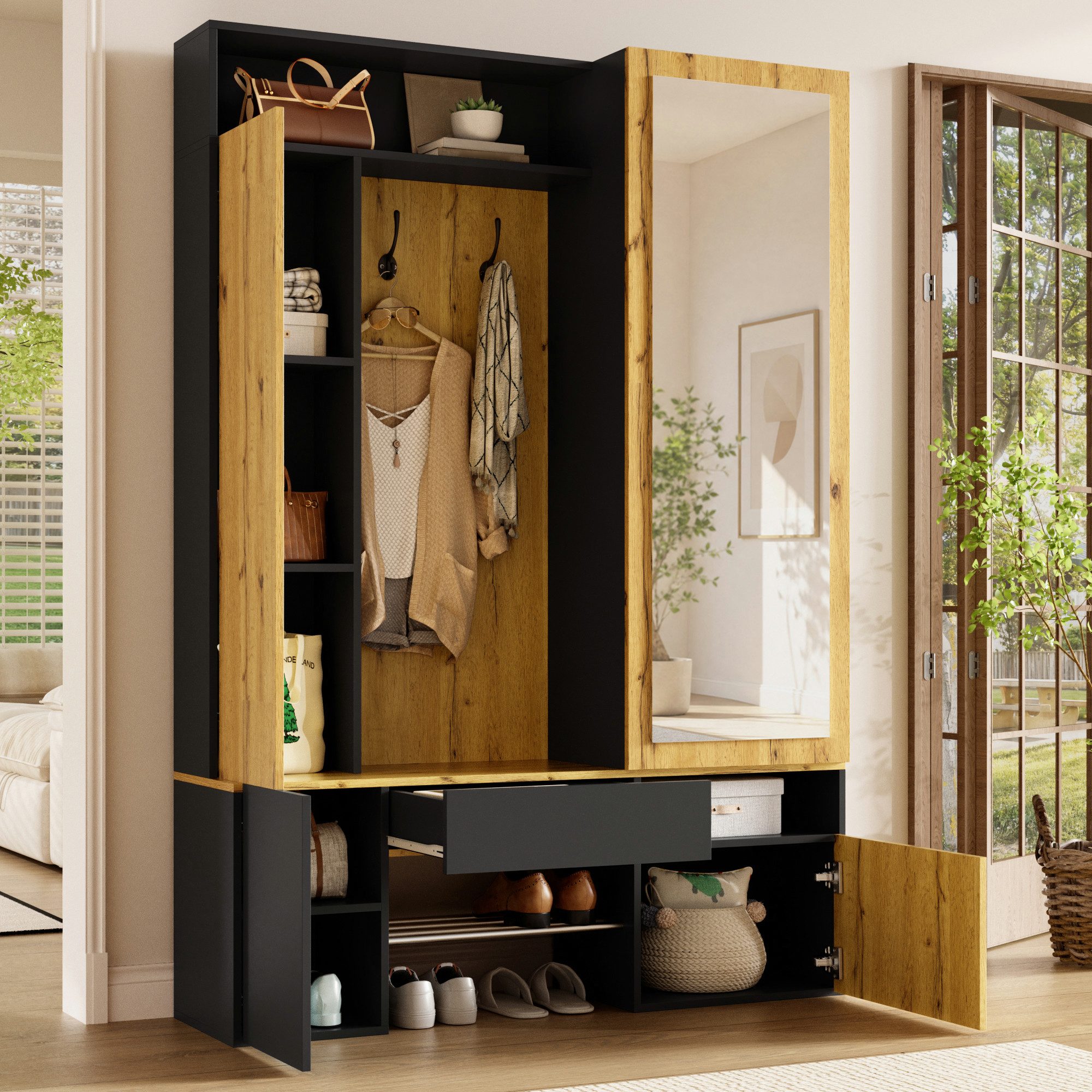 KLAM HOME Garderoben-Set Multifunktionaler Garderobenschrank 127×35×180,5 mit Spiegel für Flur, (Eingangsgarderobe aus MDF mit …