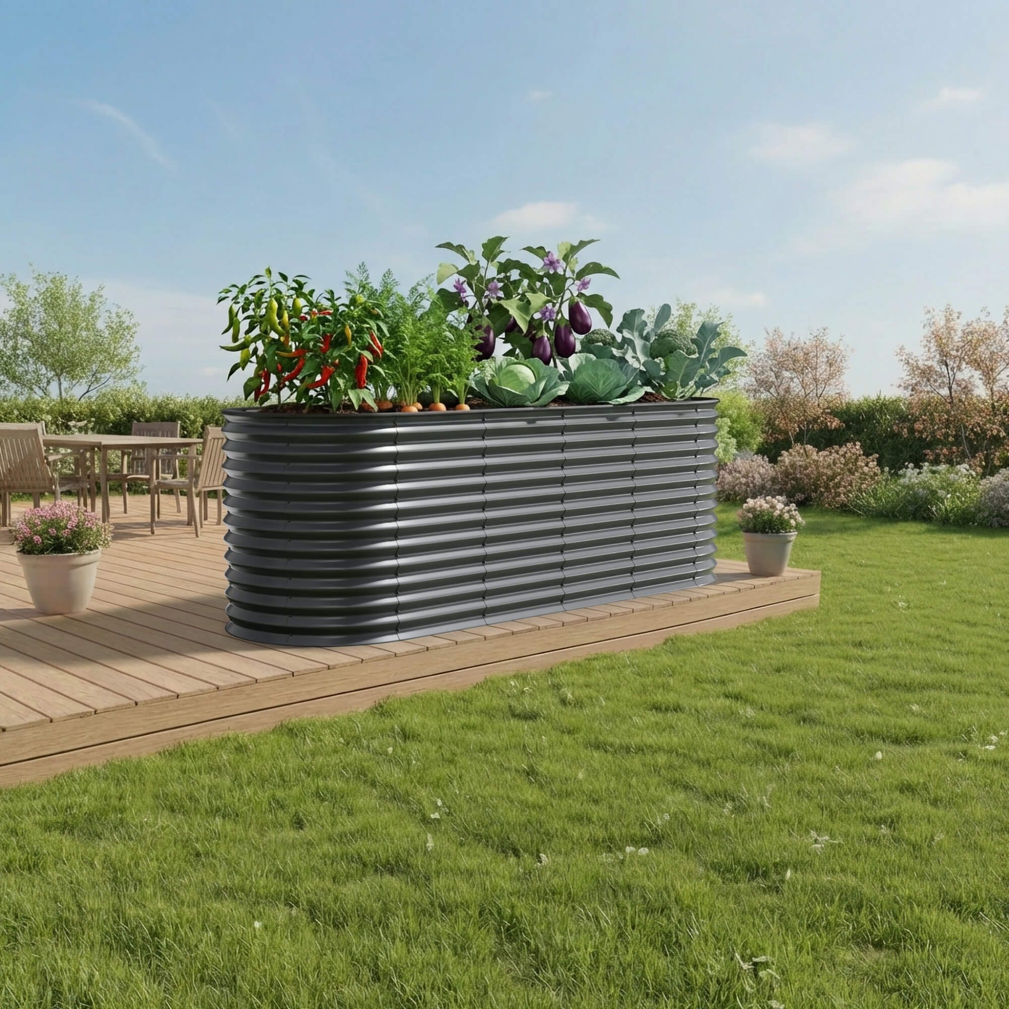 Arebos Hochbeet Metall Oval 240x80x78cm Gartenbeet für Gemüse, Kräuter & Blumen 1170L (Witterungs- & UV-beständig, Rostresistenter verzinkter Stahl, Kantenschutz aus Gummi), Rostresistent & UV-beständig, leicht zu reinigen,Gummikanten geschützt